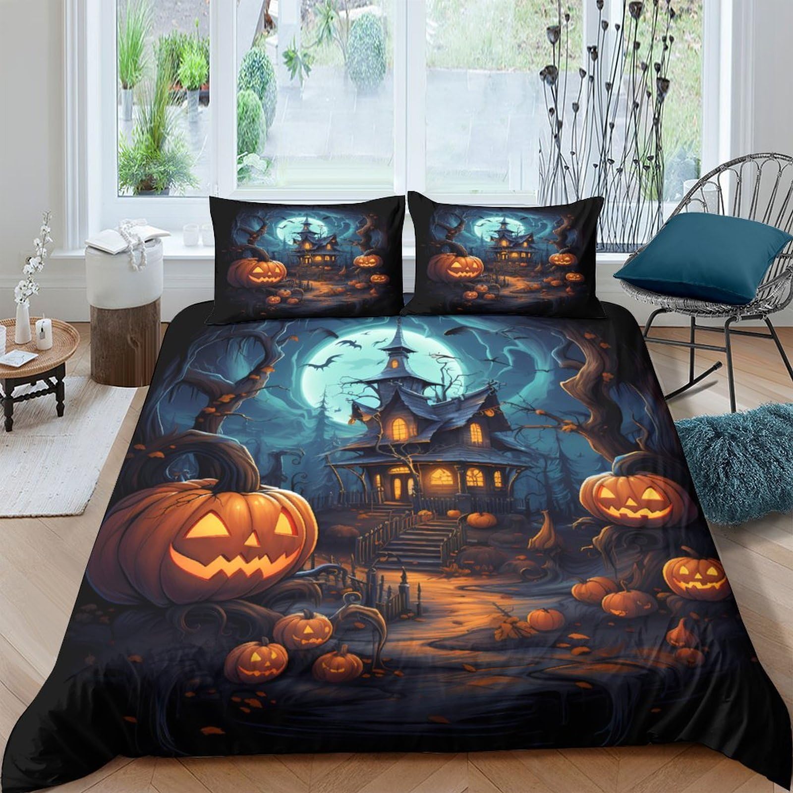 Ctjqhvkz Style-2 3D Printed Haunted House Fitted Sheet Microfiber Halloween Pumpkin Bed Cover For Bedroom Guest Room Decor Protection Single（135X200cm）