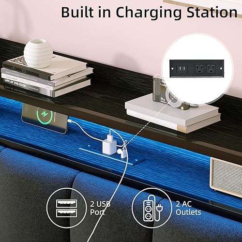 Miniatura 6 de Base de cama individual con luces LED y estación de carga, base de cama de plataforma de metal individual con cabecera de almacenamiento tapizada,