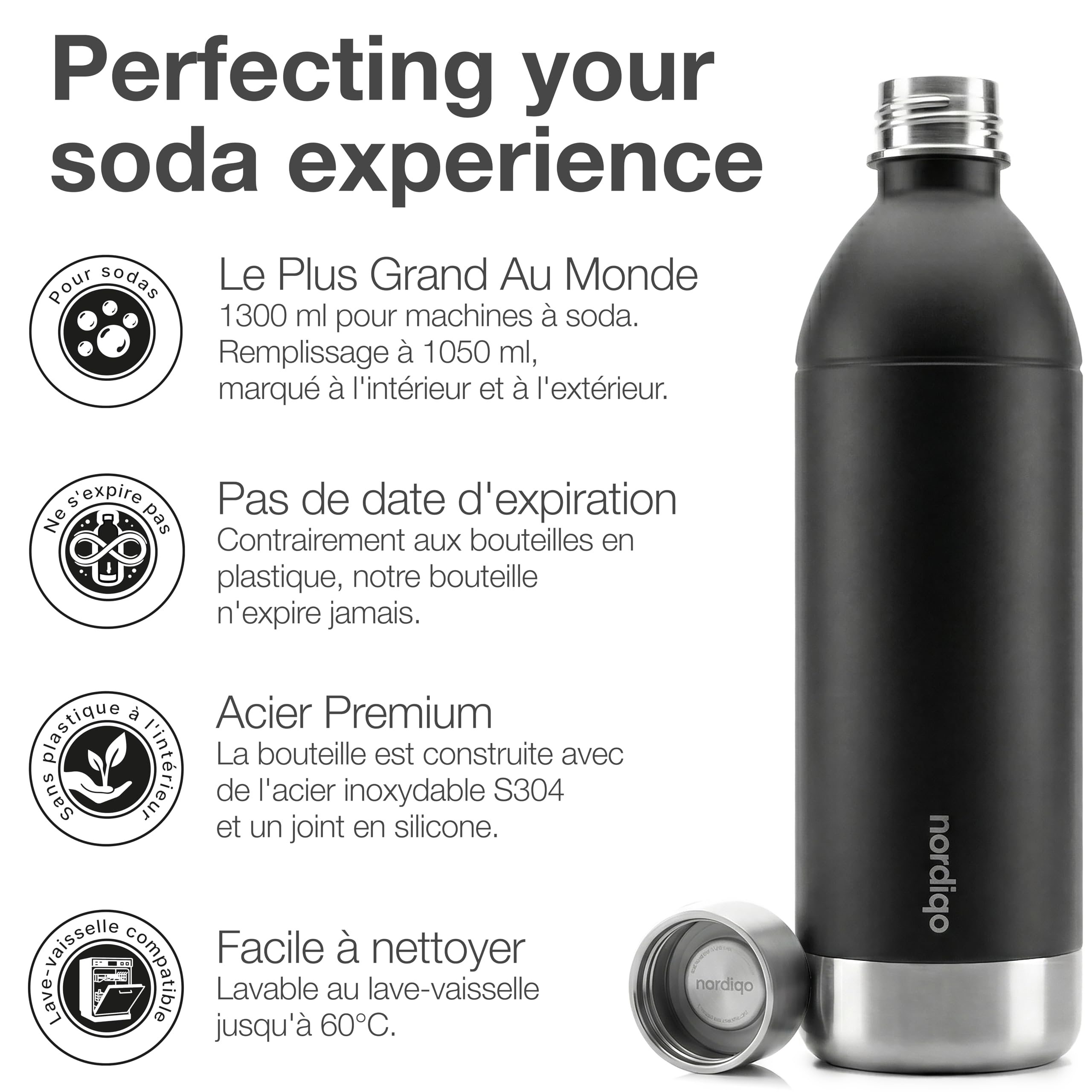 1300ml Bouteille en Acier Inoxydable pour Aarke Carbonator 3 & SMEG (Non Pro) - Étanche, Sans Plastique - Sans Date Limite, Lignes de Remplissage Intérieur & Extérieur - 2 x Noir Mat