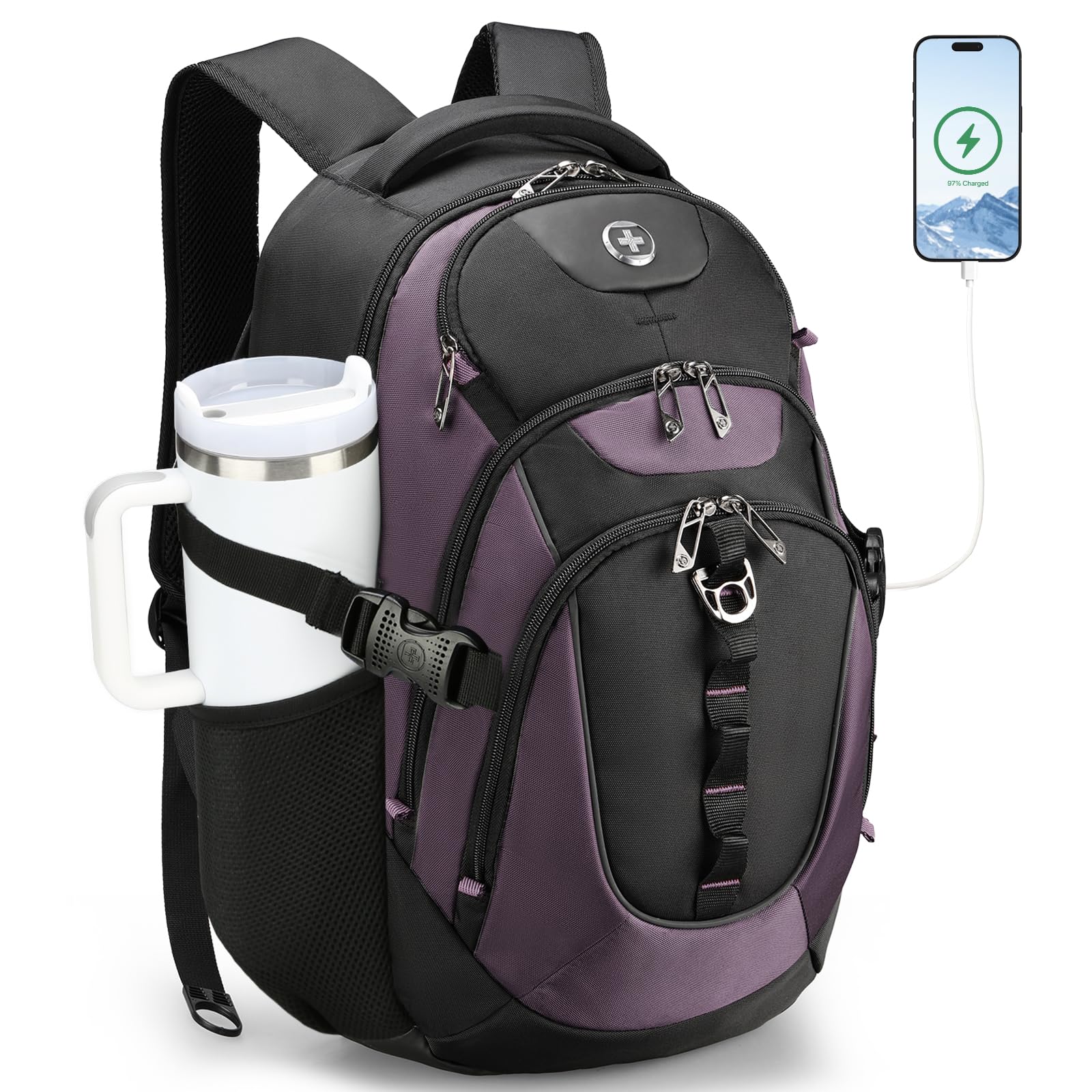 Design Laptop Backpack for Men with USB Charging Port SD803-85 | Travel Backpack,31L College School Bag with RFID Protection Pocket Fits 15.6-Inch Computer, Light Purple/Black