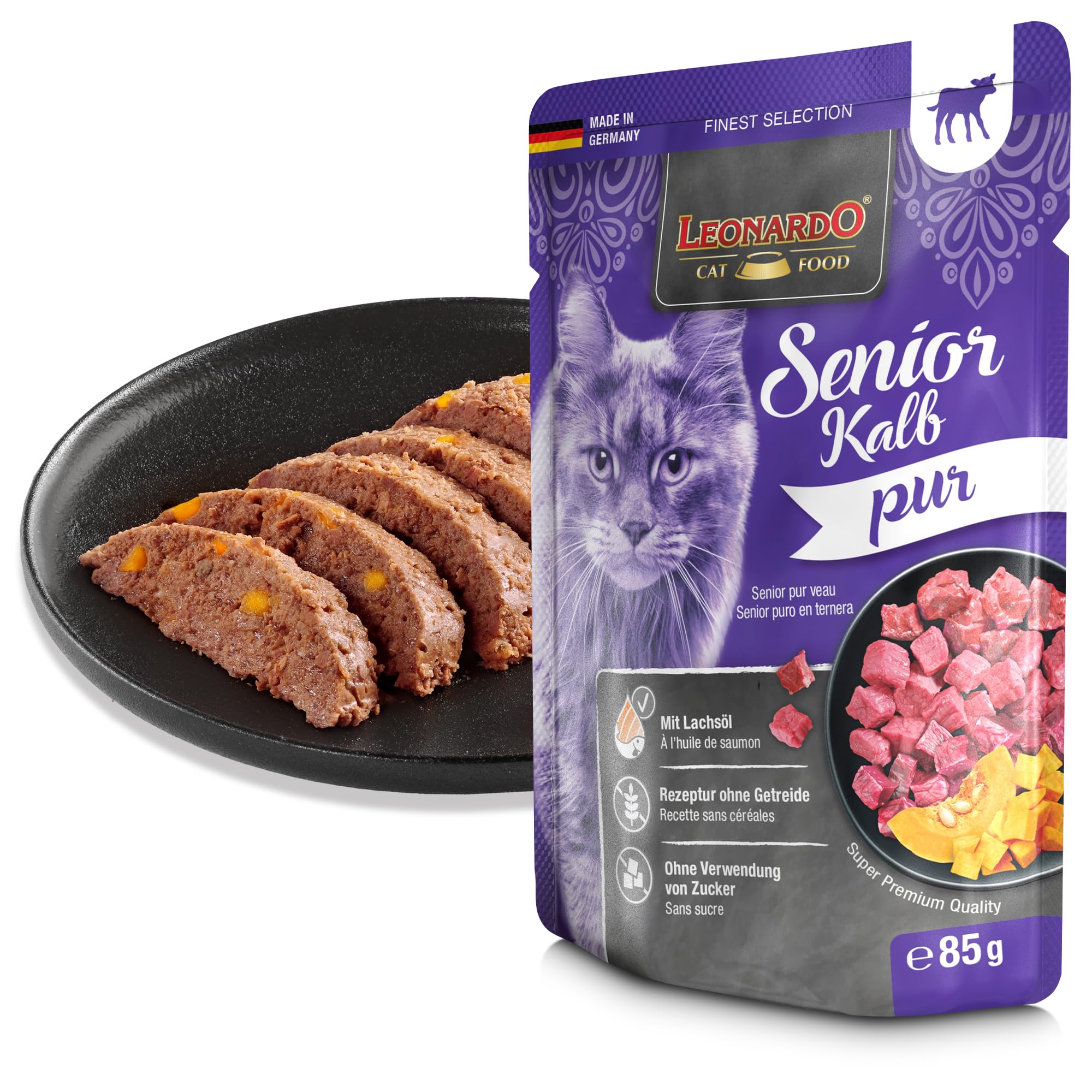 Leonardo Finest Selection Senior Kalb pur | Doppelpack | 2 x 16 x 85 g | Nassfutter für ältere Katzen | Reich an magerem Kalb | Nur eine tierische Proteinquelle | Getreidefrei