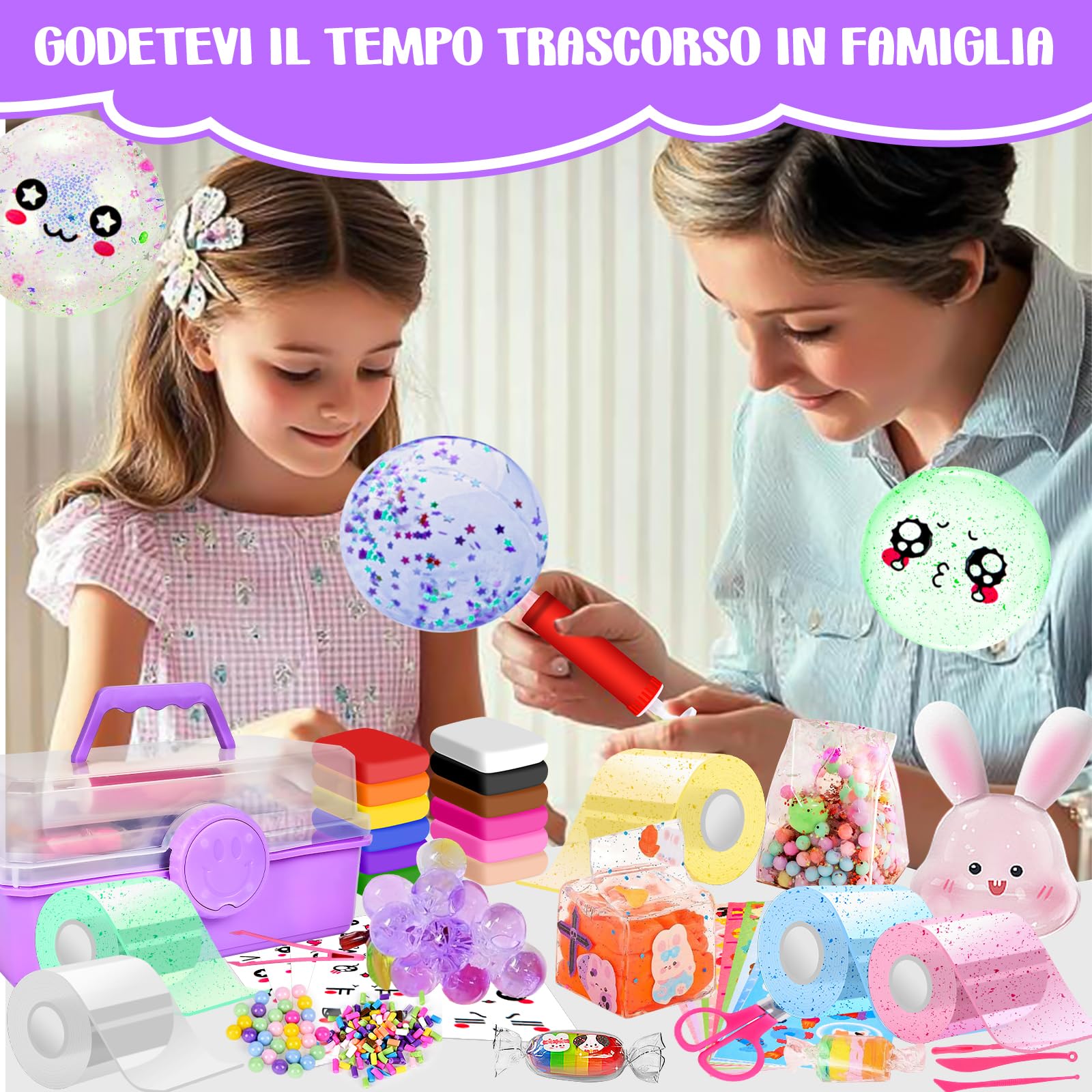 Herenear 64 Pezzi Nano Tape Bubble Kit, 5 Nano Tape + 59 Accessori Nano Bolle Soffianti, Kit Nastro Nanoband Adesivo per Bolle Soffiabili Bambini