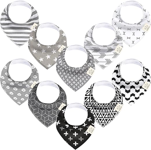 10-Pack Organic Baby Bandana Bibs - Organic Cotton Bandana Bibs for Boys, Girls - Super Absorbent Bandana Drool Bibs - Teething Bibs - Baby Bibs for Infant, Toddler (MONOS)