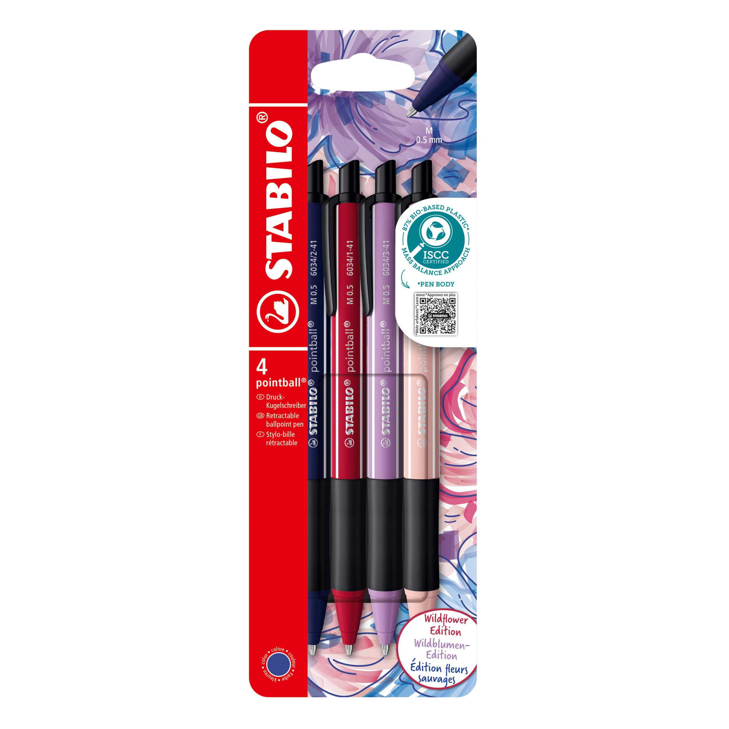 STABILO - Druck-Kugelschreiber - pointball NatureCOLORS Wildflower - 4er Pack - burgunderrot, preußischblau, grauviolett, rouge - Schreibfarbe blau
