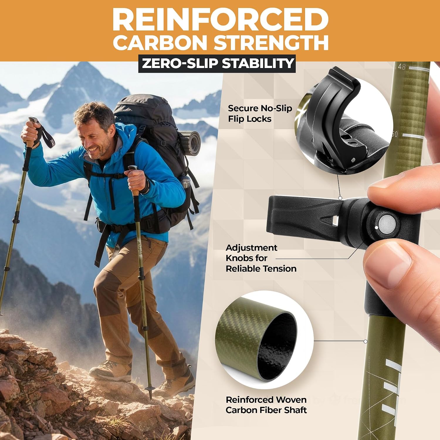 Foxelli Carbon Fiber Trekking Poles – Lightweight Collapsible Hiking Poles with Cork Grips, Quick Flip Locks & All-Terrain Accessories – Adjustable Height Hiking Sticks for Men & Women