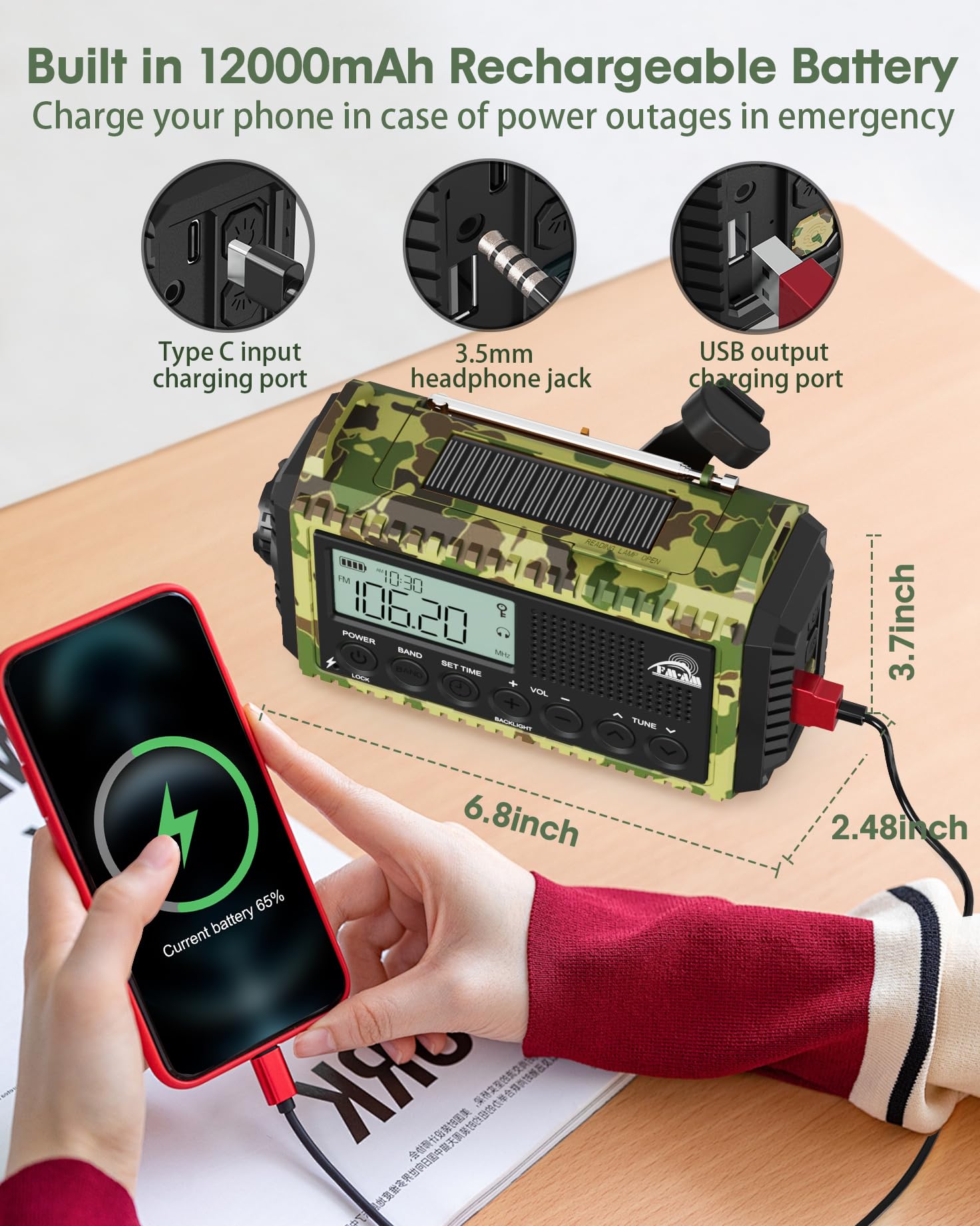 AM/FM/SW - Radio de manivela para obras, radio de emergencia, radio solar portátil, linterna y luz de lectura, pantalla LCD, USB, alarma SOS, manivela de mano, equipo de emergencia para ourdoor,