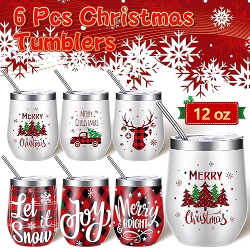 Miniatura 3 de 6 vasos de vino de acero inoxidable de Navidad de 12 onzas, vaso de vino aislado divertido con tapa, popote y cepillo, tazas de vino aisladas para