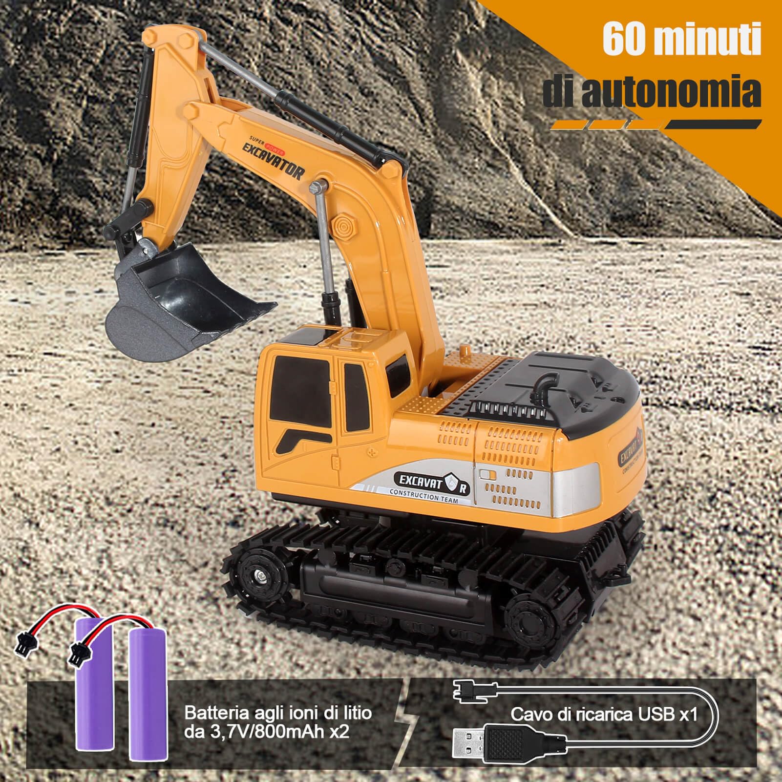 Jiakora Escavatore Telecomandato per Bambini, Escavatori Radiocomandato con Spalletta in Metallo, Escavatore giocattoli per Ragazzi con luci e Suoni, Sand Digger Regali per Bambini dai 4-8 Anni