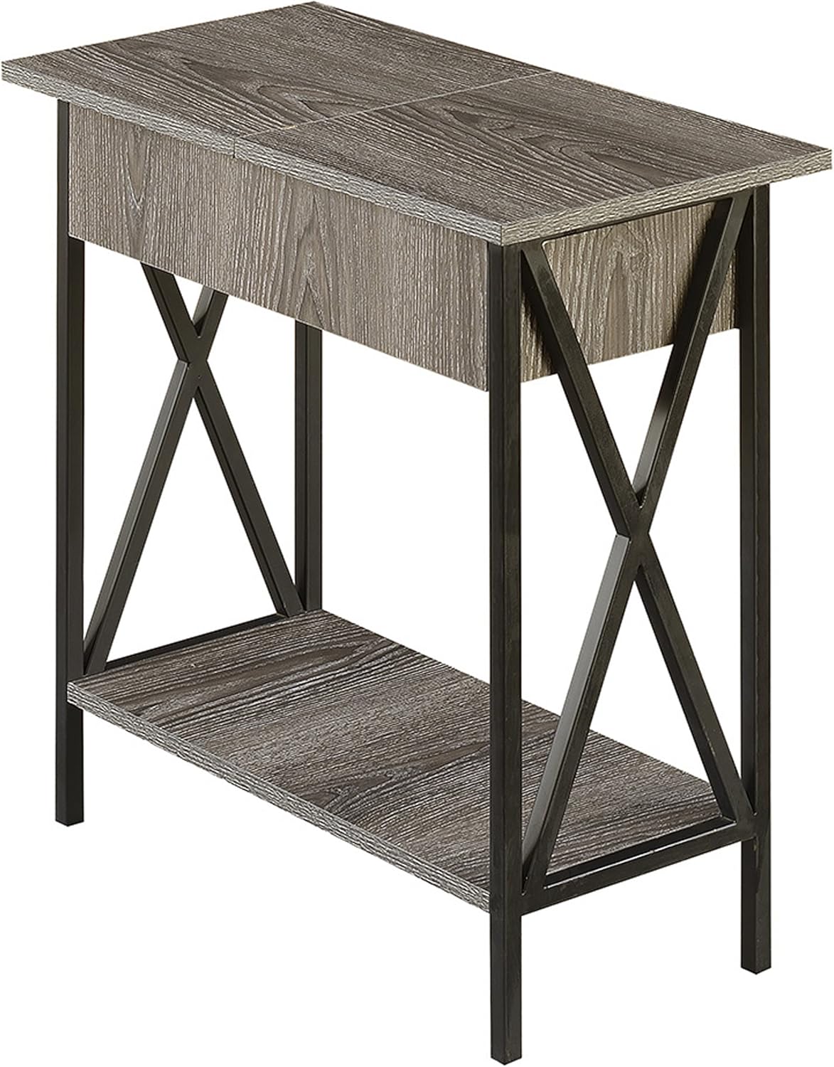 Convenience Concepts Tucson Flip Top End Table with Charging Station and Shelf, Weathered Gray Weathered Gray/Black