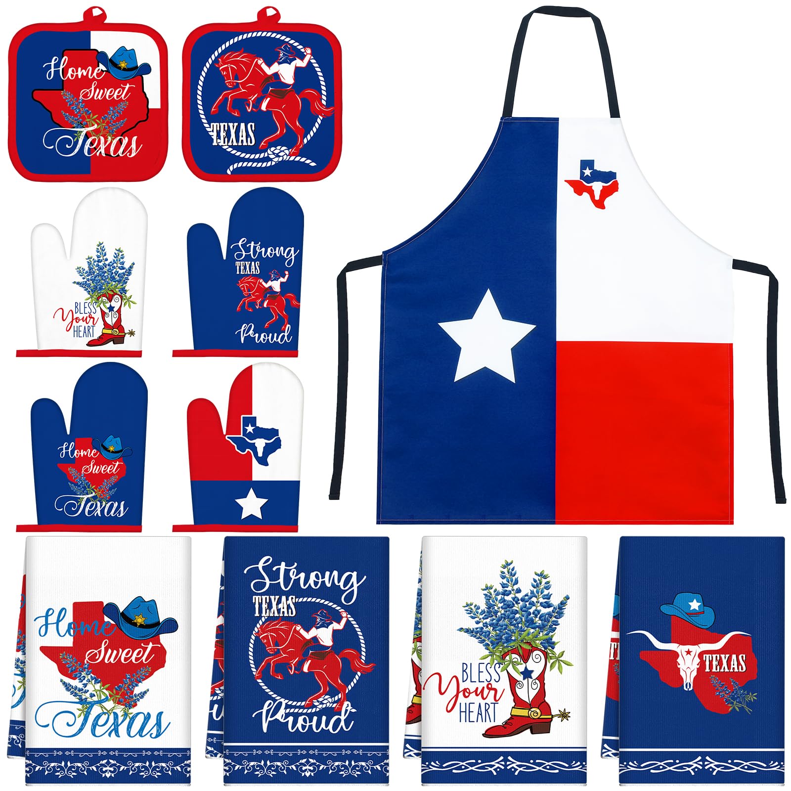 Newcotte 11 Pcs 4th of July Texas Souvenirs Gifts Texas Bluebonnets Kitchen Set Include Red White and Blue Kitchen Towels Apron Oven Mitts Pot Holders for Independence Day Decoration