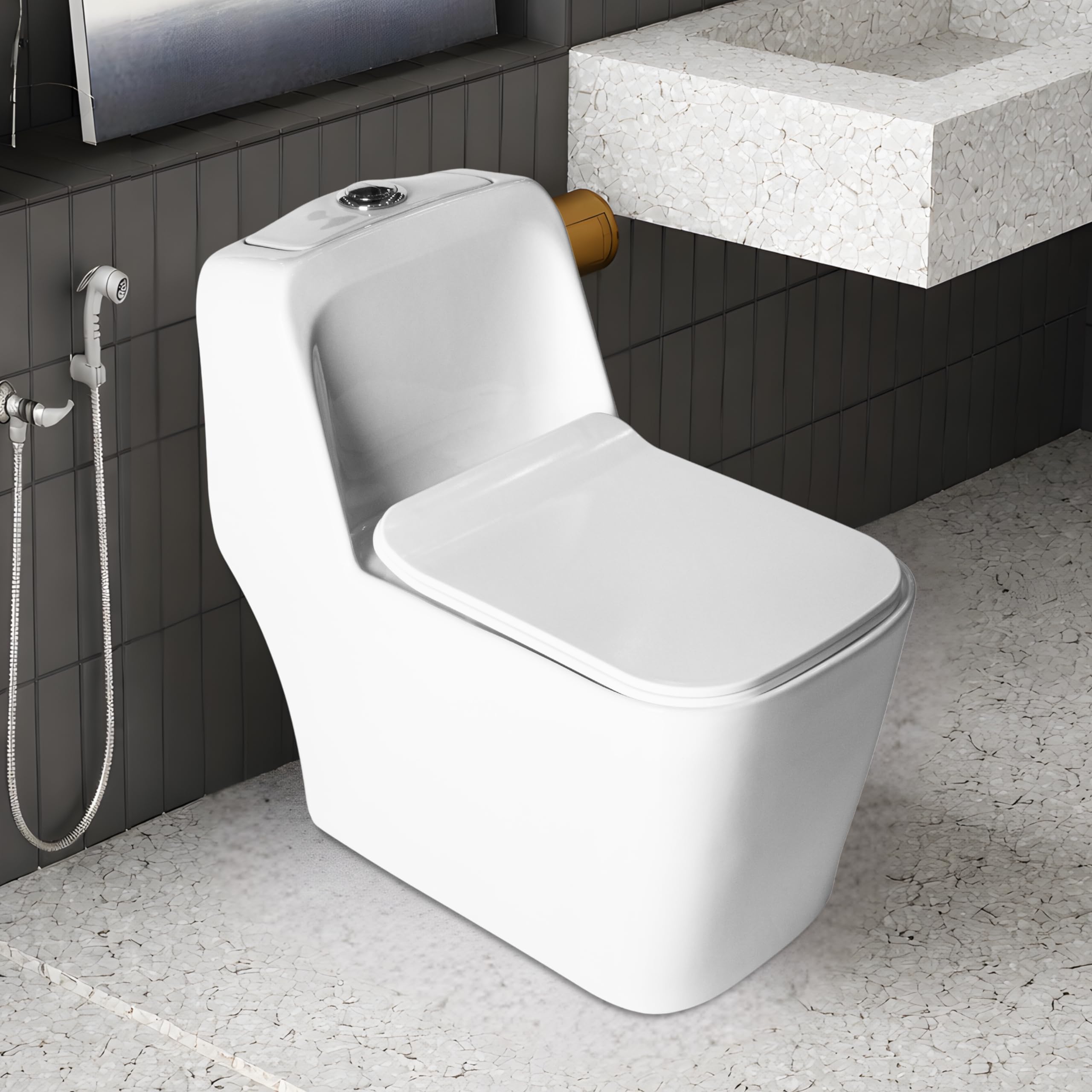 BonKaso Imported Ceramic Commode for Toilet / 6D Siphonic Vacuum Jet Flush Western Commode/One Piece Rimless Western Toilet with Soft Closing UF Seat Cover – S Trap 220mm (9 Inch) (White)-image-37