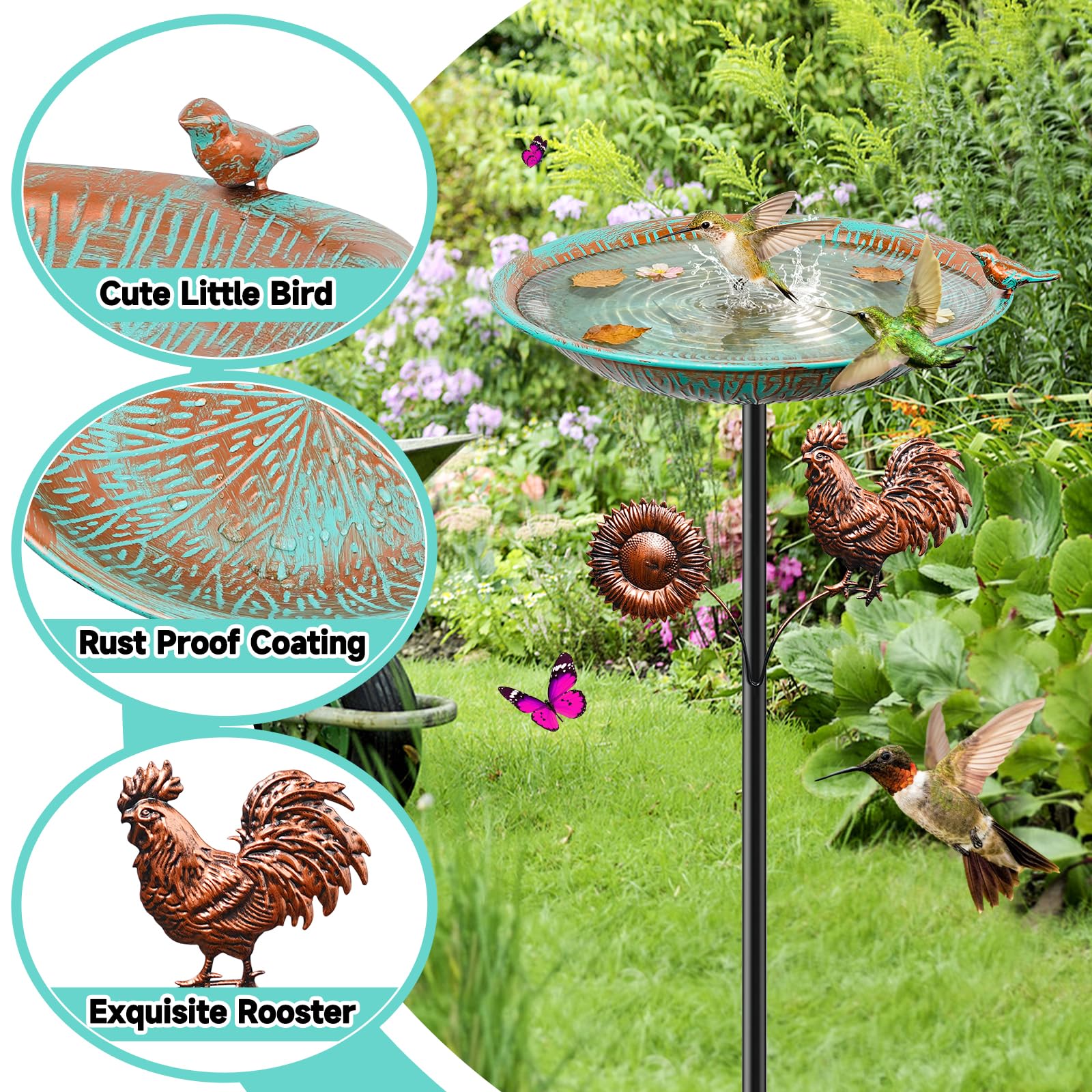 Metall-Vogeltränke für den Außenbereich, Vintage-Vogeltränke mit Abnehmbarer Futterwanne, leicht zu reinigender Vogelfuttertrichter für den Garten Hof und Rasen als Dekoration (Retro Cyan)