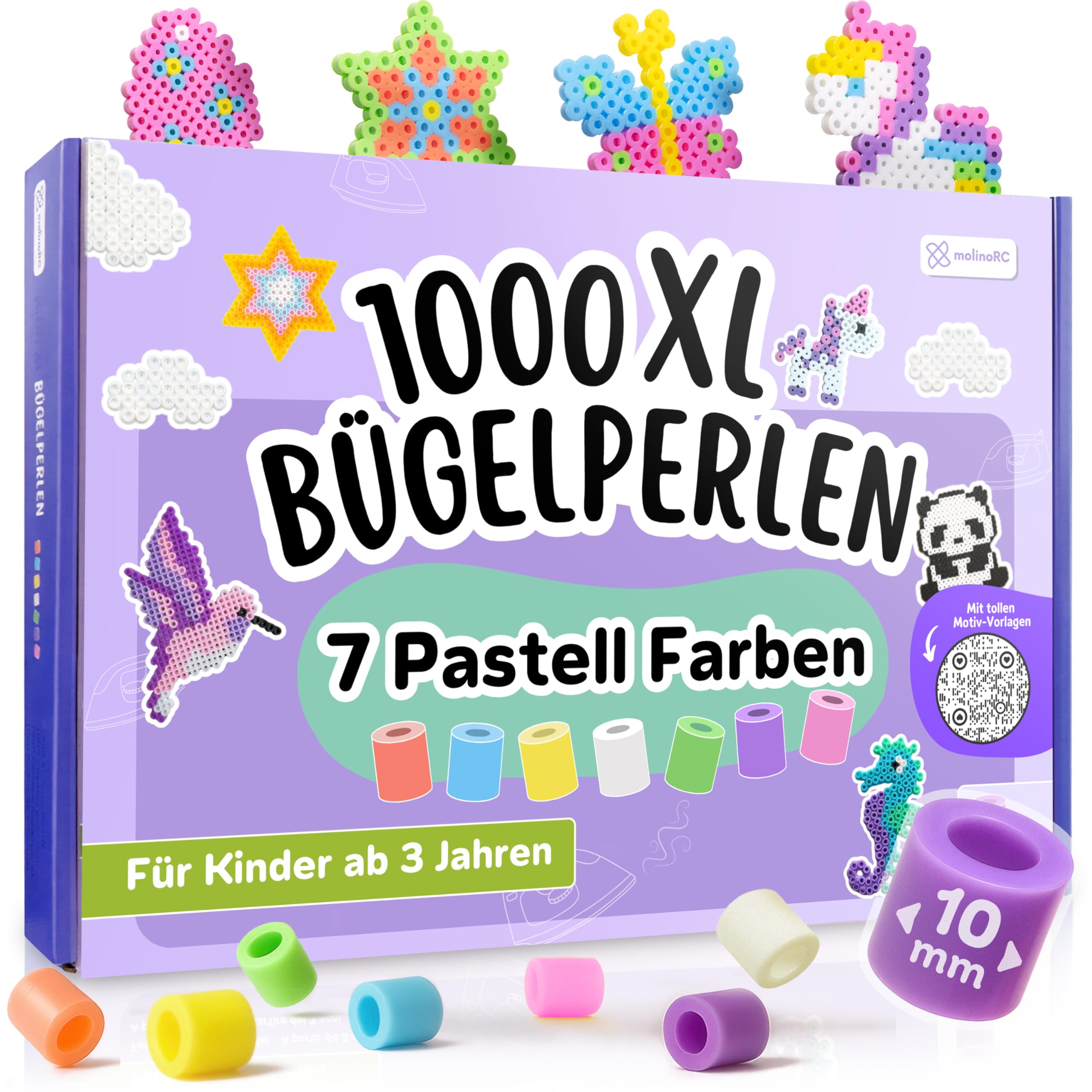 molinoRC Große Bügelperlen 10mm [1000er Nachfüll Pack] - mit 30+ VORLAGEN-Download - XL Bügelperlen - Steckperlen groß ab 3 Jahren für einfaches Bügeln & Basteln - Maxi Perlen