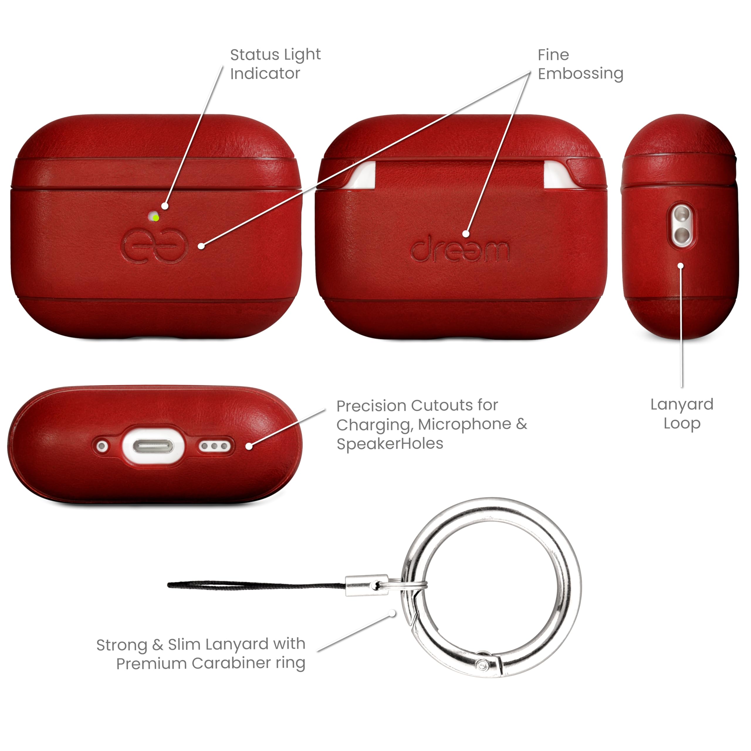 Coque Dreem en Cuir véritable pour AirPods Pro 3, Mousqueton Porte-clés, Coque Rigide de Protection en Plastique Dur + Cuir Premium, Compatible avec MagSafe, Effet Reveal Motion [Om:Red] - 5