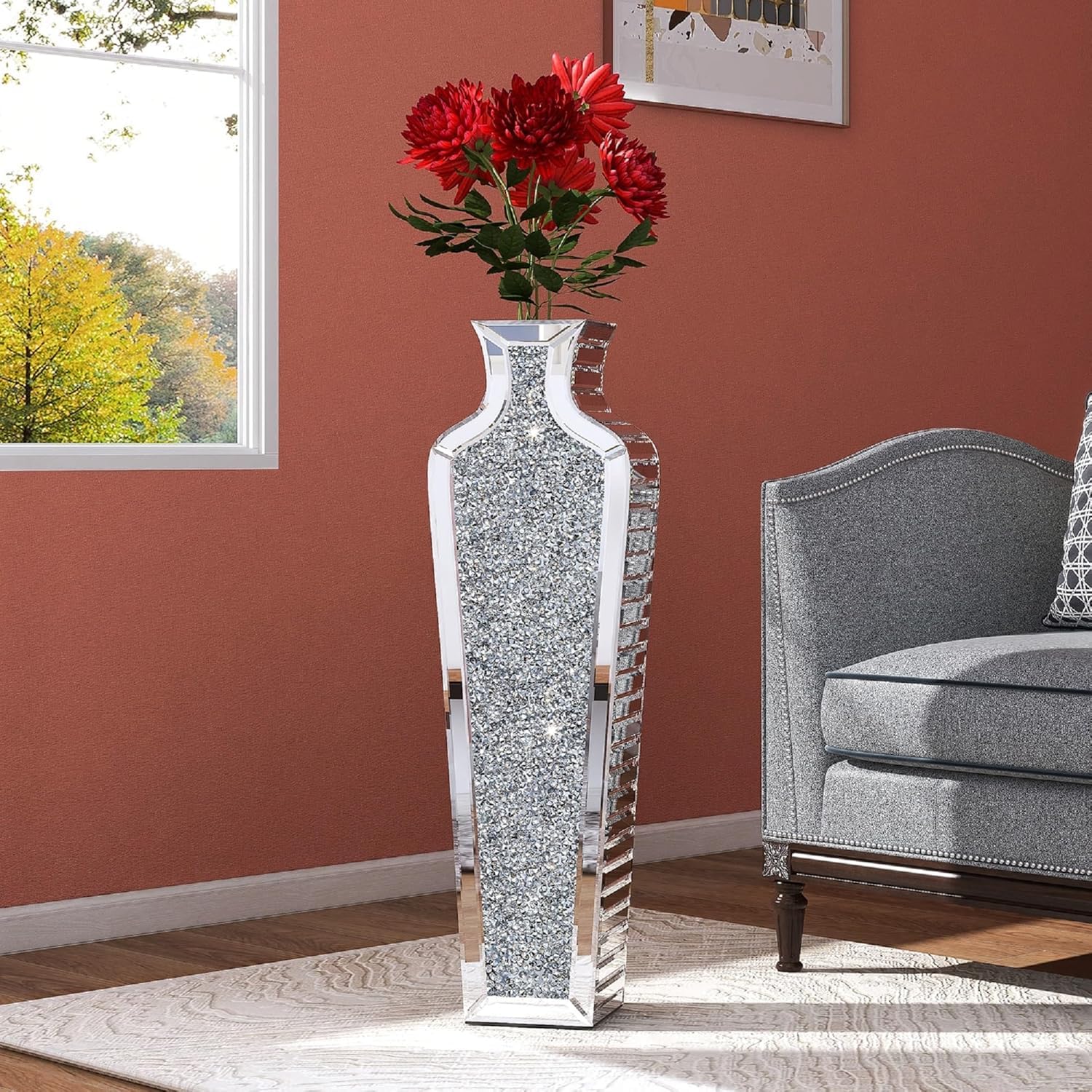 Deenz Silver Large 68Cm Floor Vase Crushed Diamond Tall Flower Vases For Living Room Vase Bedroom Home Decorative Modern Vase For Dried Flower