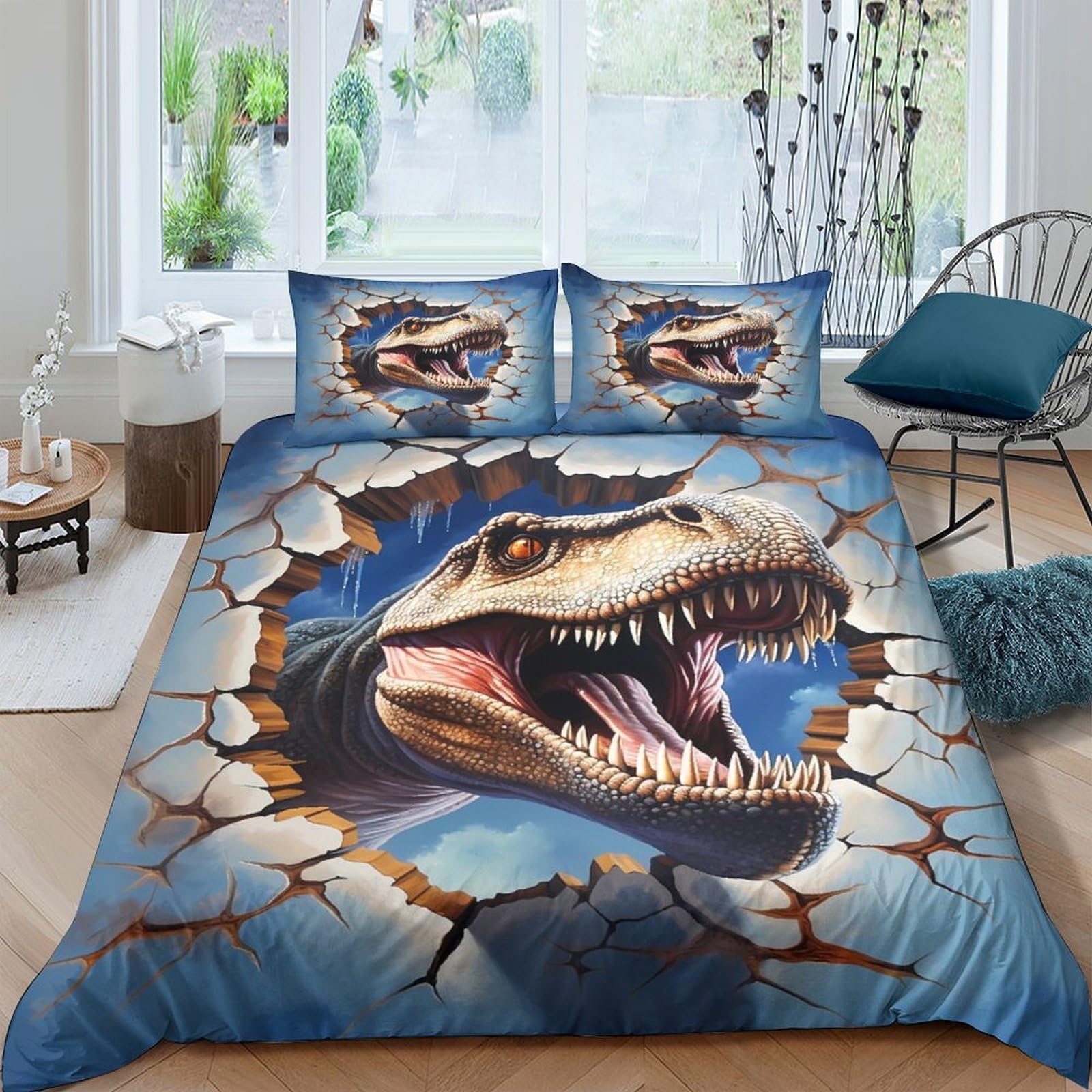 Housse de couette 140x200 dinosaure style peinture murale 3D avec taie d'oreiller