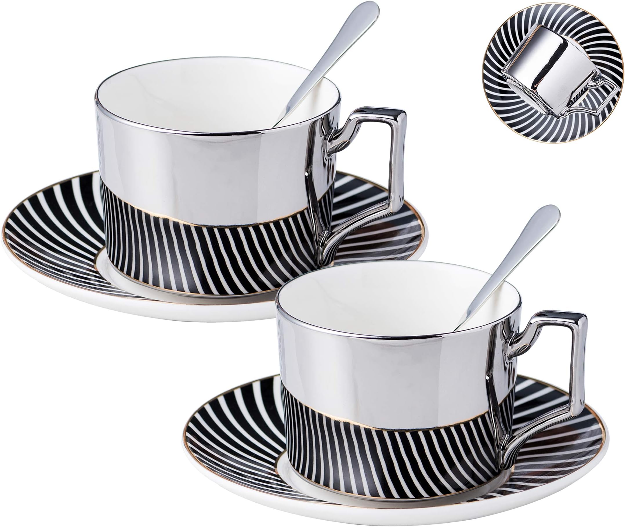Jusalpha Mirror effect fine china Tea Cup/Coffee Cup With Spoon and Tray/Saucer, Set of 2 (TCS22)