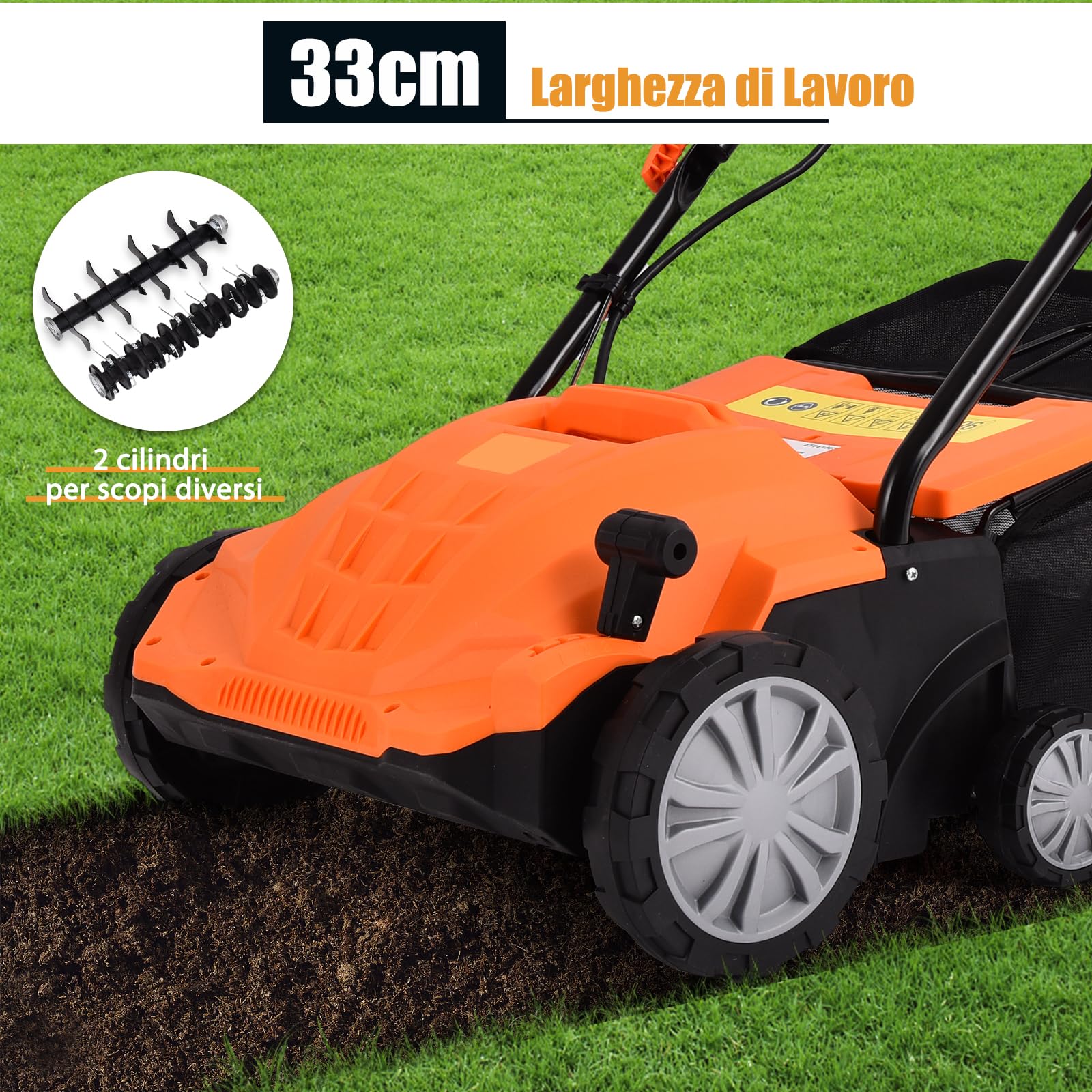 GYMAX Scarificatore Arieggiatore Elettrico, Rastrello, Design 2 in 1, Altezza Regolabile, 30L Sacchetto per la Raccolta dell'Erba, Maniglia Pieghevole (Arancione)