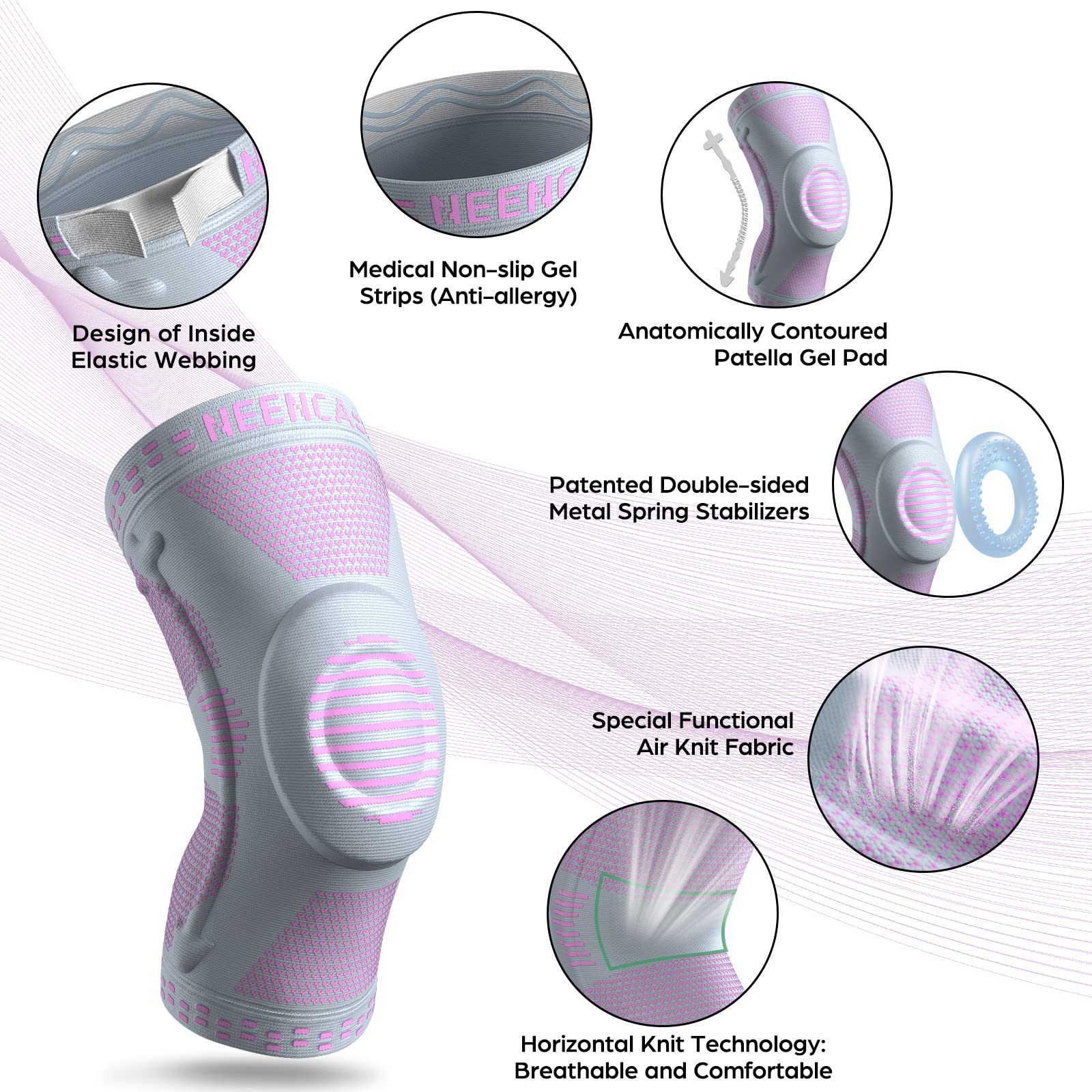 NEENCA Tutore Ginocchio,Tutore Fascia per Compressione Ginocchio Cuscinetti per Rotula e Supporto Laterale,Supporto per Ginocchia ad uso Medico per Corsa,Lesioni al Menisco,Artrite,Infortunio Sportivo