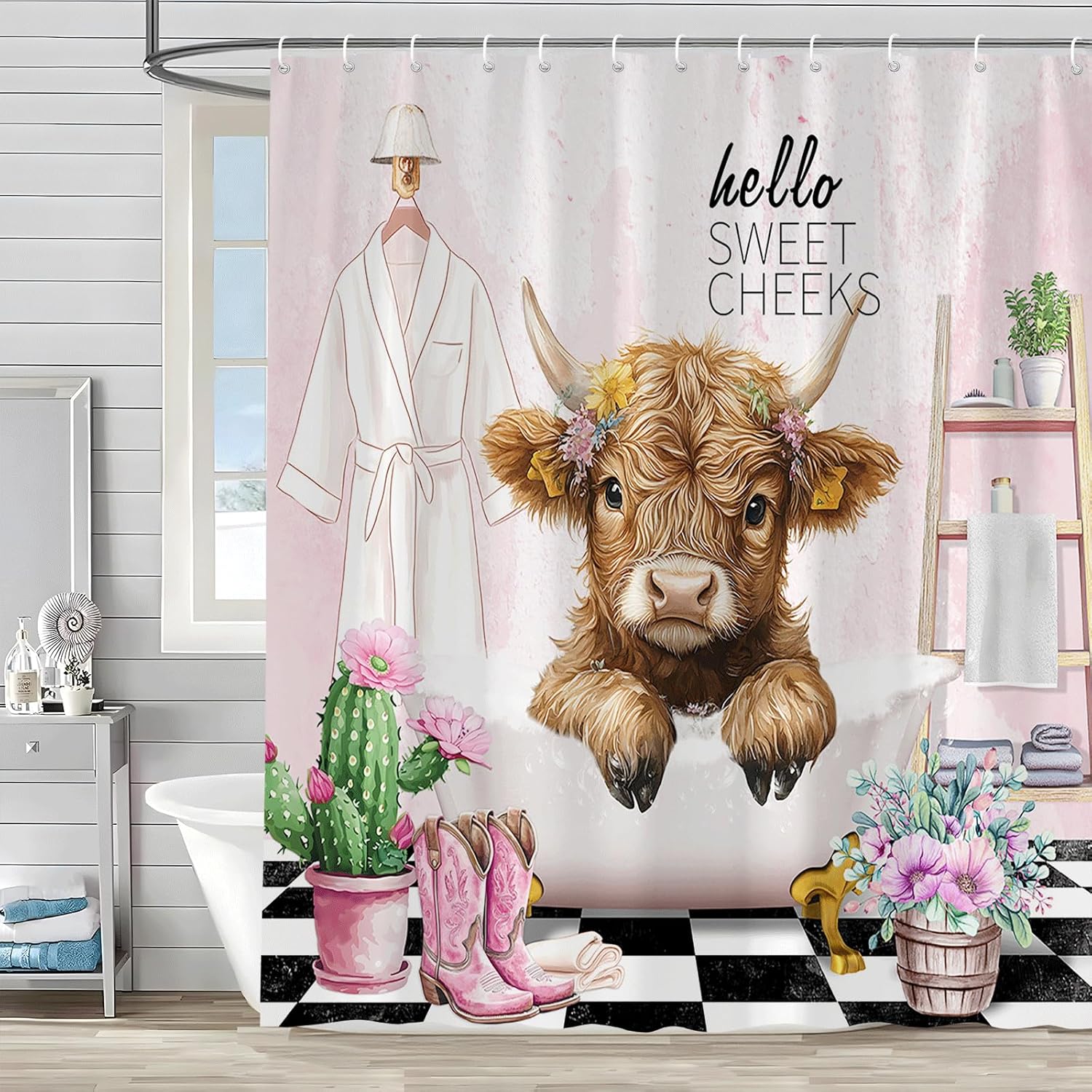 Cute Calf Shower Curtain Funny Highland Cow Farm Animal Farmhouse Western Cattle Bull Rustic Fashion Fabric Bathroom Decor Accessories Set with Hooks 70W x 90H inch