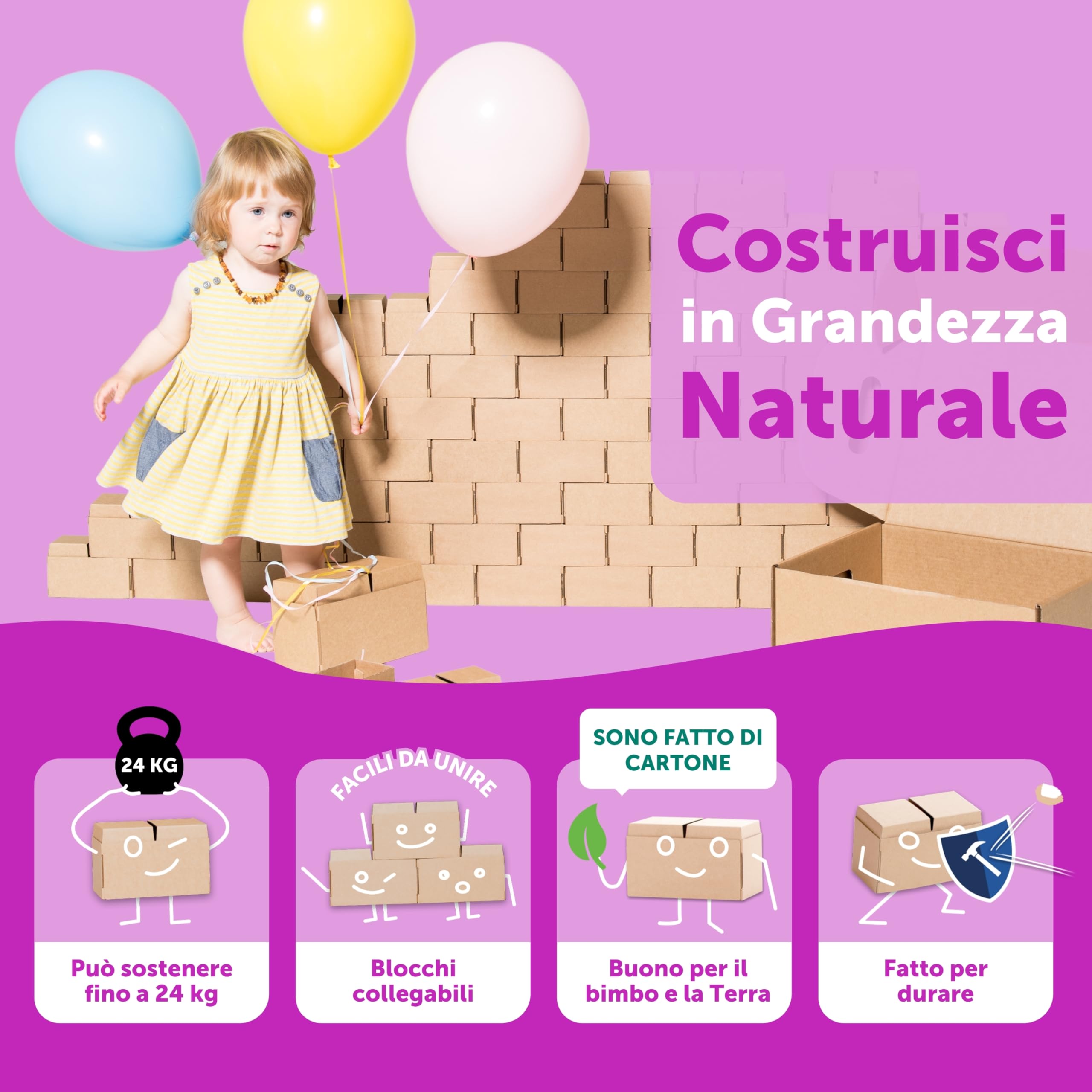 GIGI BLOKS 96 Mattoncini Costruzioni Grandi per Bambini XL Impilabili & Incastro | Cartone Blocchi Costruzioni per Bambini Robusti e Facili da Montare | Grandi Giochi Montessori Creativi & Educativi