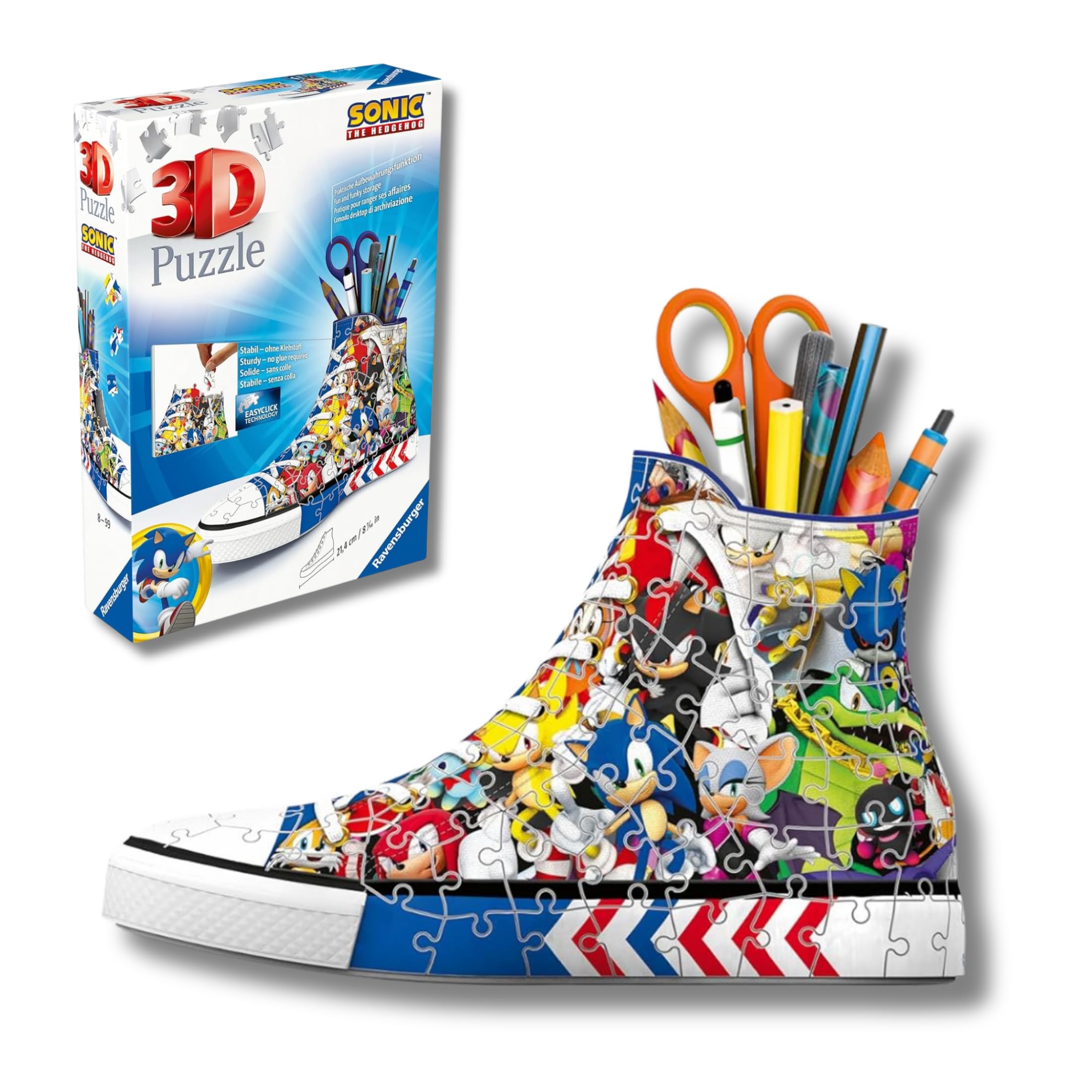 Ravensburger - Puzzle 3d Portapenne Sneaker Sonic | Puzzle 3d Bambini A Partire Dagli 8 Anni | Modellismo Da Costruire Bambini Di 108 Pezzi | Regalo Bambino 8 Anni E Più