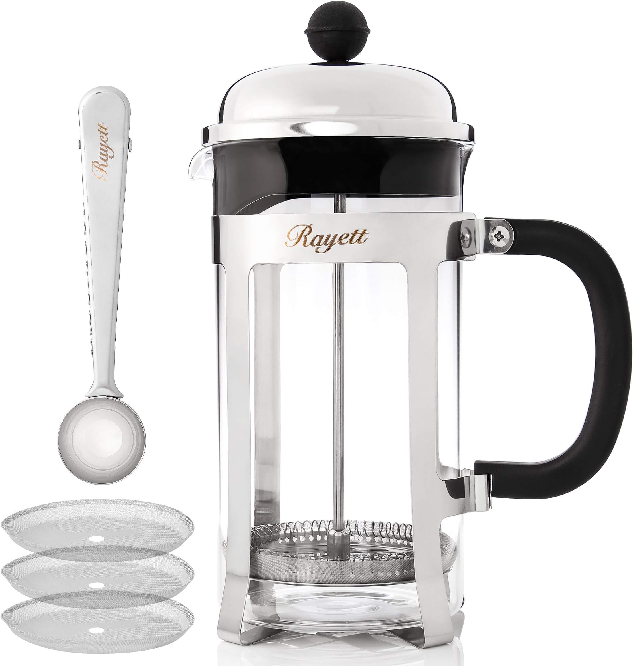 Rayett French Press Coffee Maker, Stainless Steel Cafetiere with 3 Additional Coffee Filters & Measuring Spoon with Sealing Clip (1000 ML)