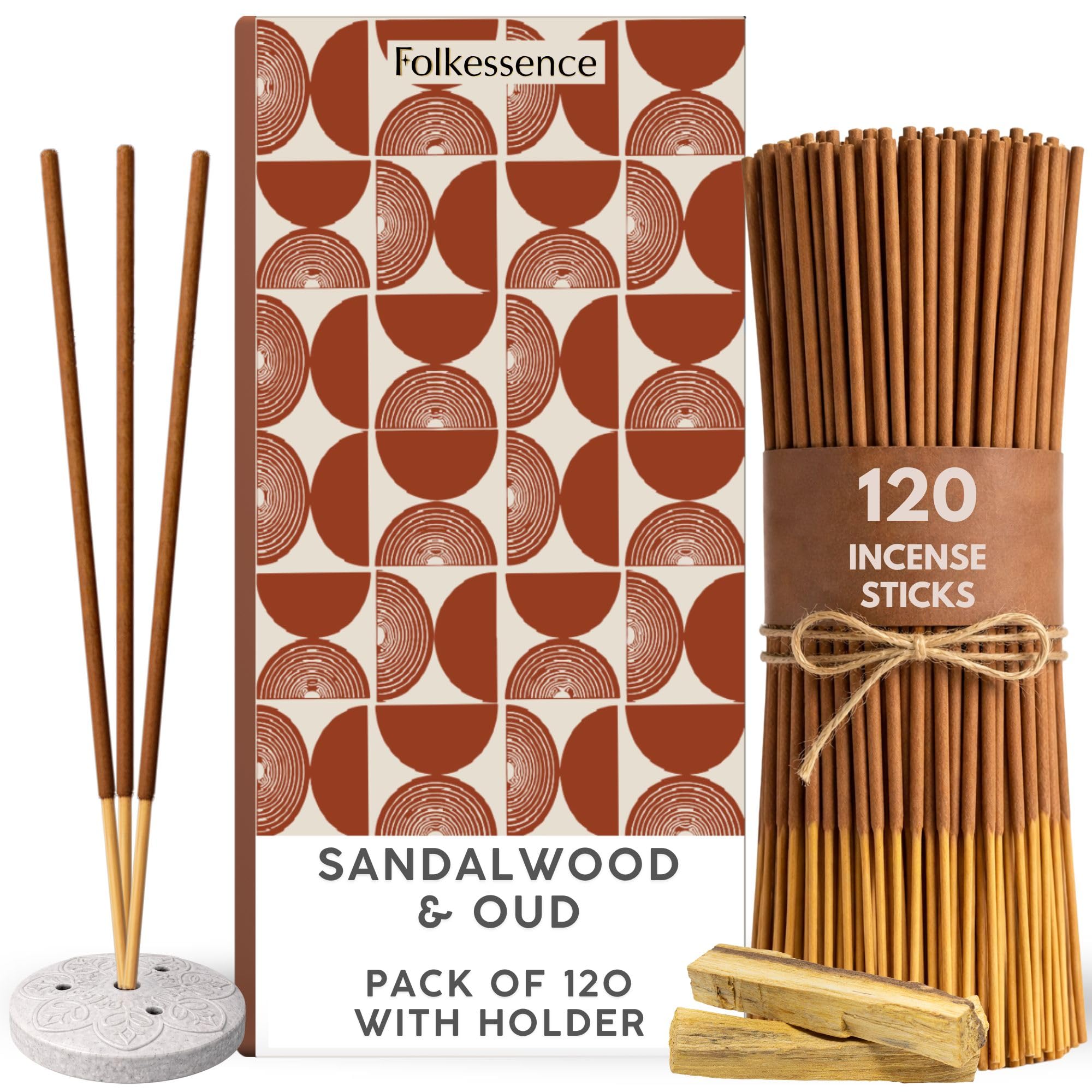 Folkulture Sandalwood And Oud Incense Sticks | Set Of 120 Insence-Sticks With Holder For Relaxation | Sandalwood & Oud Incense| Organic, Slow Burning & Non Toxic Inscents | Luxe Santal Fragrances For Meditation