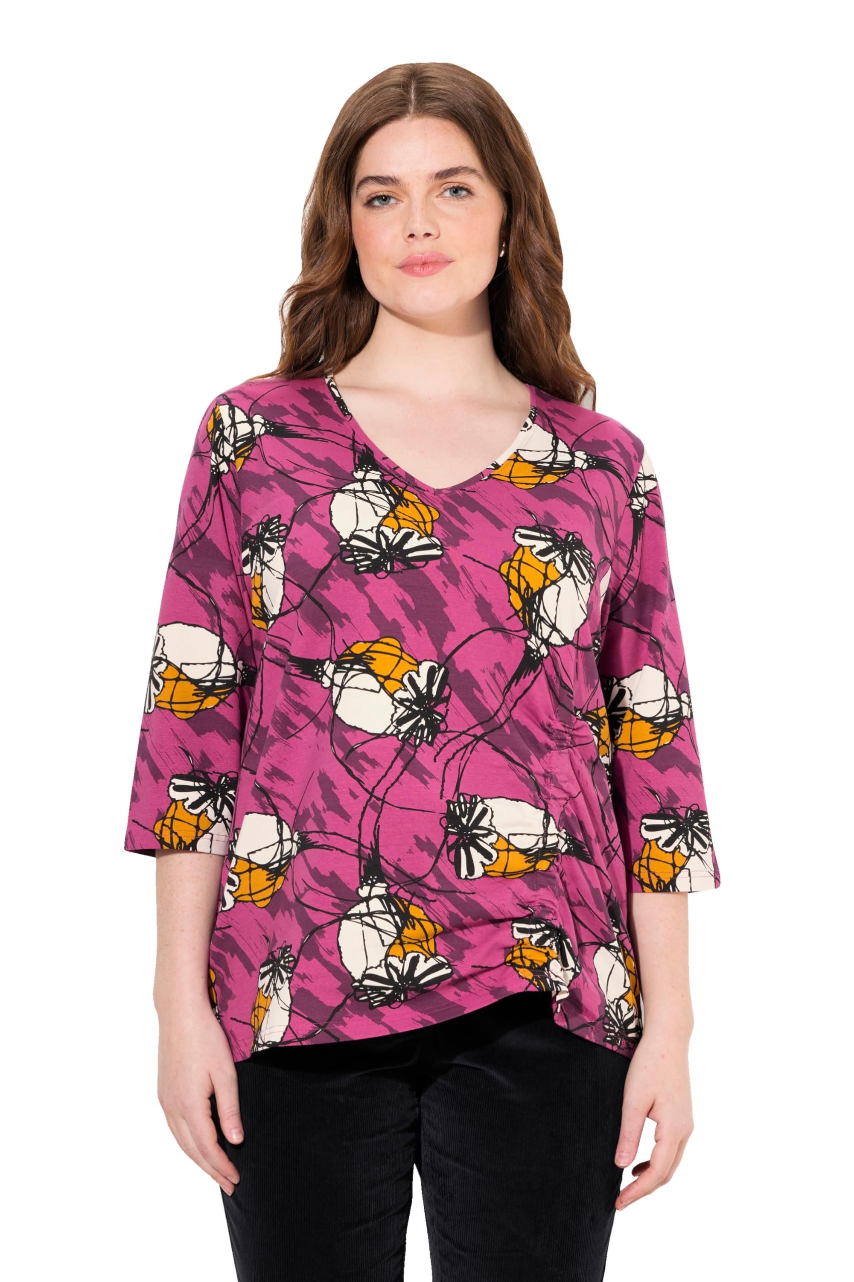 Ulla Popken Damen große Größen Übergrößen Plus Size T-Shirt, Raffband, Rundhals, 3/4-Arm, Biobaumwolle 830160