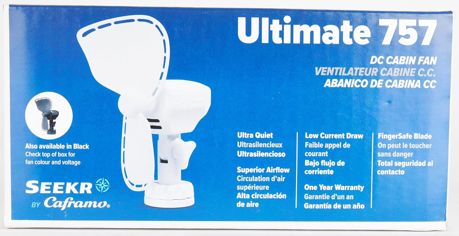 Ultimate™ Fan from by Caframo. Grill-free, whisper-quiet 12V fan with shock-absorbing FingerSafe™ blades, 2-speeds, direct wire connection. Made in Canada. White.
