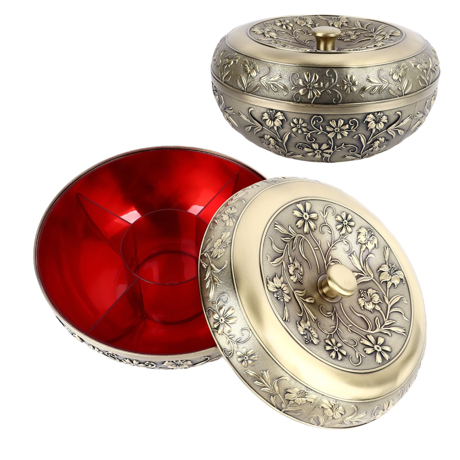 Aramox Boîte de Fruits Secs Plateau de Collation en Alliage de Bronze avec Couvercle Conteneur de Noix divisé Organisateur de Stockage de Motif Floral pour Salon, Hôtel, Réception, Bureau