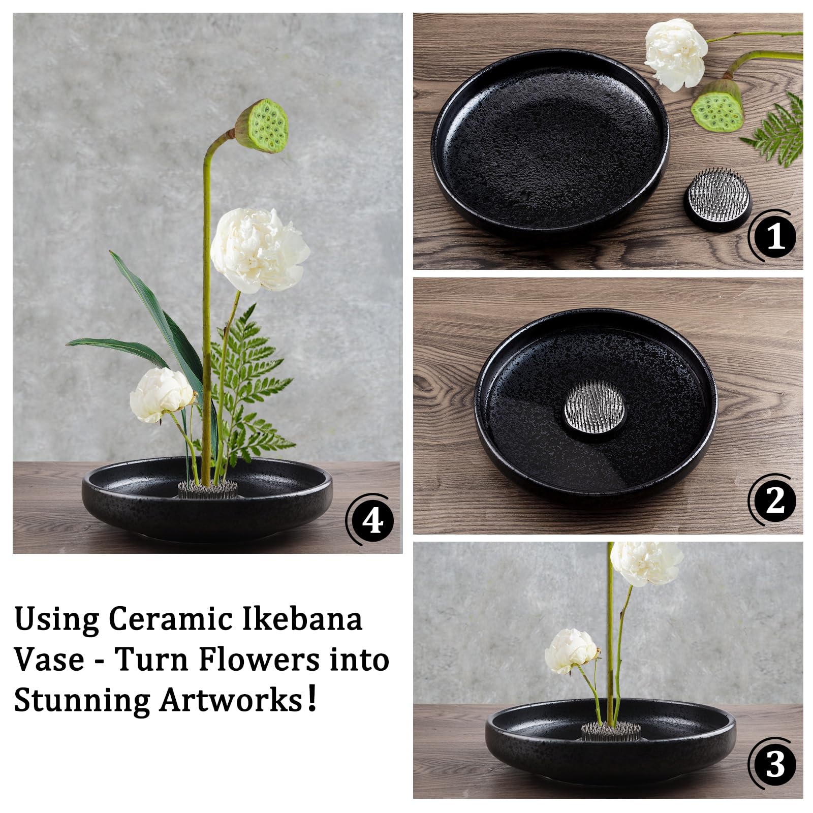 WANDIC Forniture per composizioni Floreali, Ikebana Fiore di Rana in Ceramica Tondo Poco Profondo Kenzan 6 cm, per la Decorazione Floreale di casa, Nero maculato (L)
