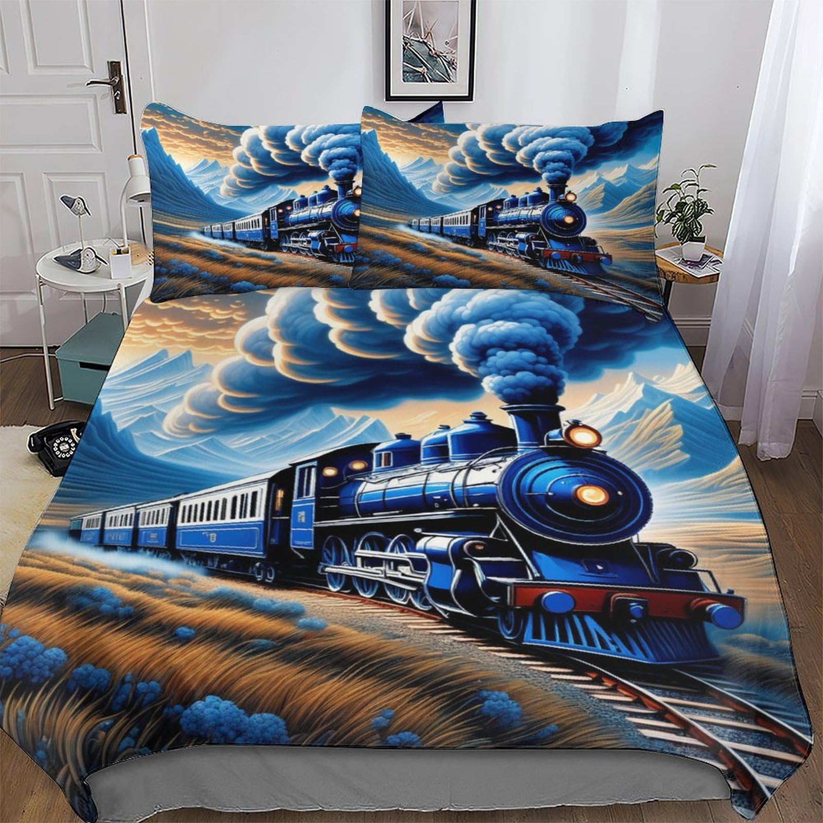 Dcccy Steam Train Duvet Cover Set With Pillowcases Printed Bedding Set Comforter Cover 2 Pieces Soft Microfiber Quilt Cover Single(135X200cm)