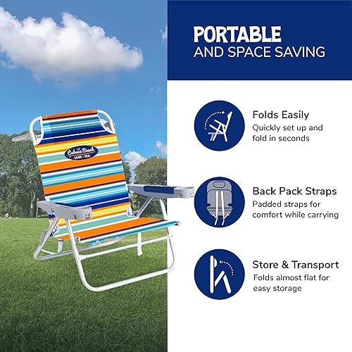 Miniatura 8 de Silla de playa plegable, mochila portátil de 5 posiciones, silla de camping plegable con reposacabezas y reposabrazos para portavasos