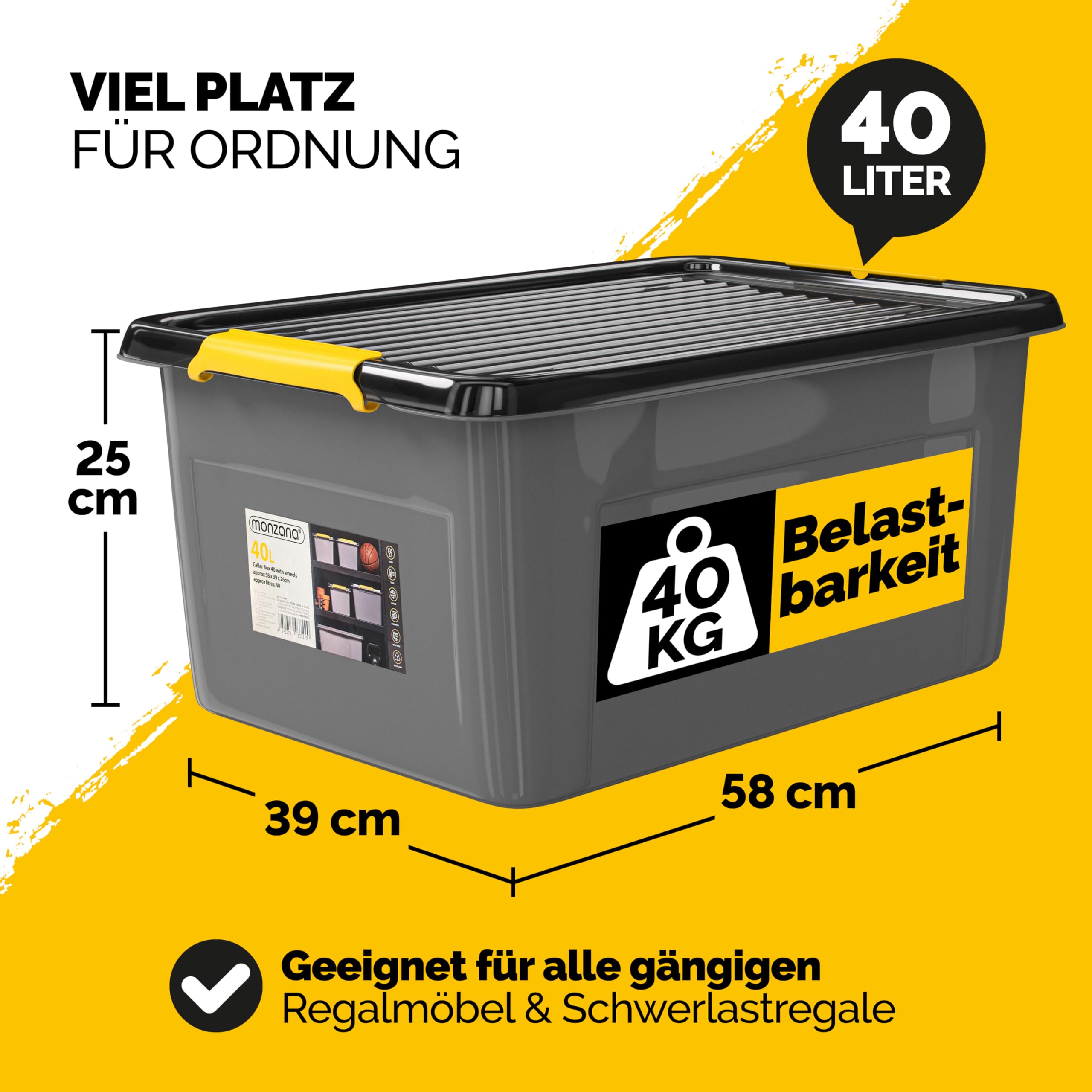 Monzana® 6x Aufbewahrungsbox 40L mit Deckel 40kg belastbar Kunststoff BPA frei Klickverschluss stabil flexibel stapelbar blickdicht Keller Garage Box