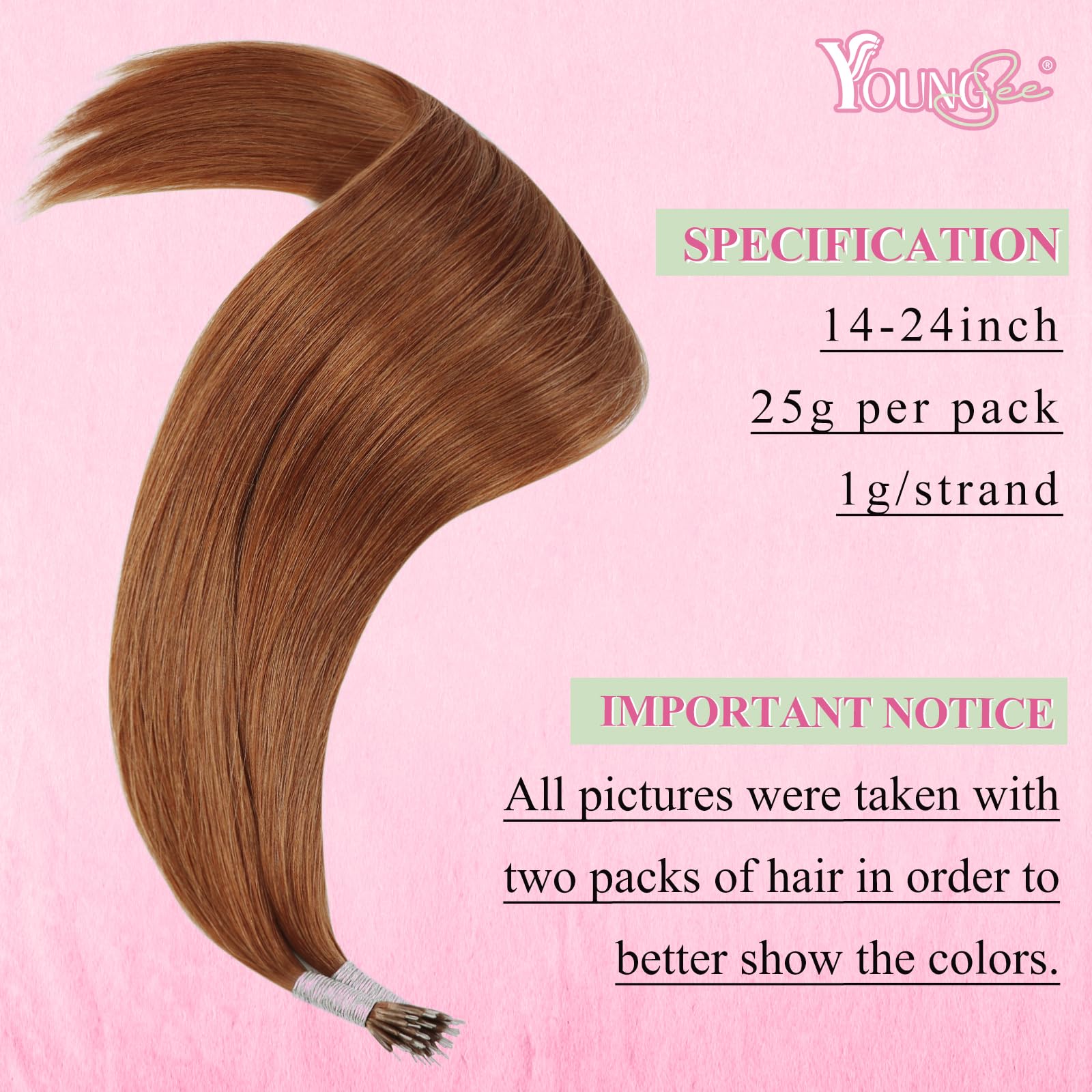 YoungSee Nano Beads Hair Extensions Copper Nano Remy Hair Extensions Ginger Nano Ring Human Hair Extensions Colored Nano Tip Extensions Real Hair Cold Fusion Beaded Hair Extensions 1g/s 25g 18inch - Image 3