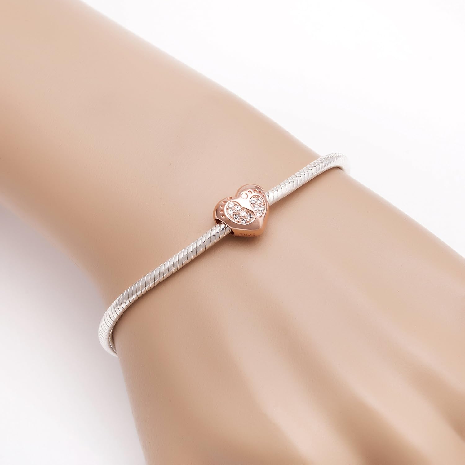 SOUKISS Rose Gold Footprint Heart Charm 925 Sterling Silver Christmas Family Love Charm Fits Bracelet - Image 4