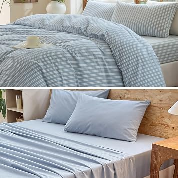 7 Pieces Bed Set,Striped Cornflower Blue/White 3 Pieces Duvet Cover Set and Cornflower Blue 4 Pieces Sheet Set King Size