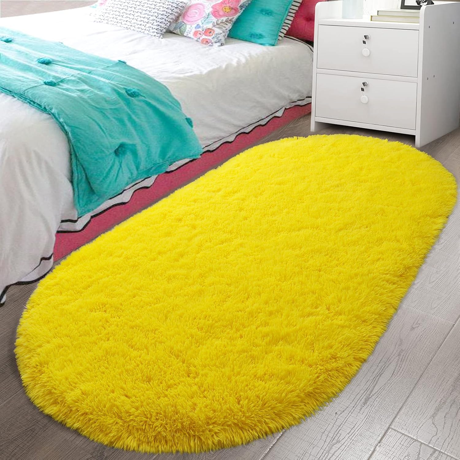 LOCHAS Bedroom Rug 3.3' x 6.2', Yellow Fluffy Shaggy Area Rug for Bedroom Bedside, Soft Oval Throw Rugs Carpet for Kids Girls Nursery Living Room Home
