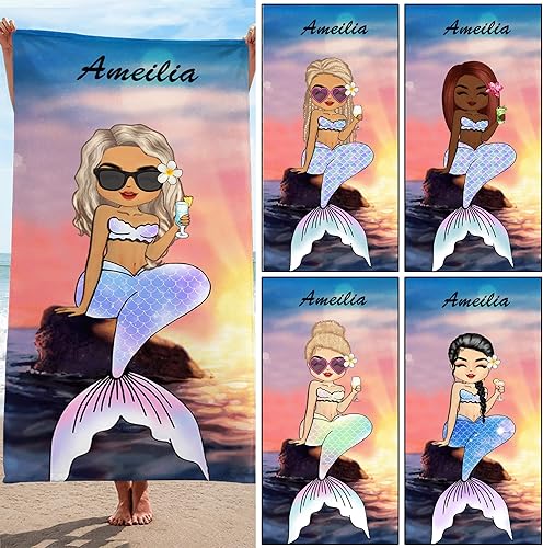 Toallas de playa personalizadas de sirena Chibi con nombre para niñas pequeñas, toallas de playa personalizadas con tema oceánico para playa,