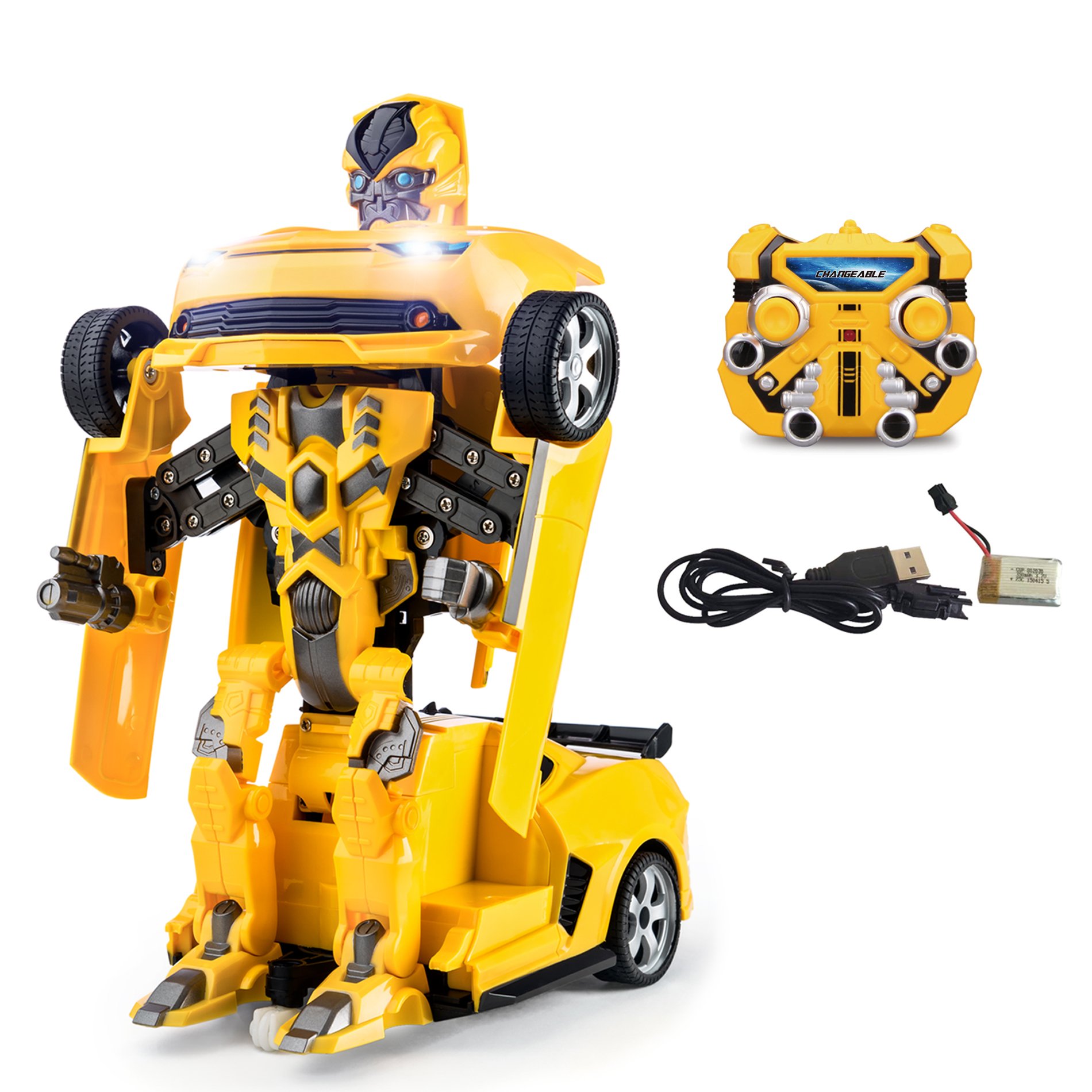 2.4Ghz Transformer Remote Control Car – Talking Auto Bot RC Drifting Car & Robot - Sound FX Lights – One Touch Transform - PL9131 Rechargeable Radio Controlled RC Car, Yellow