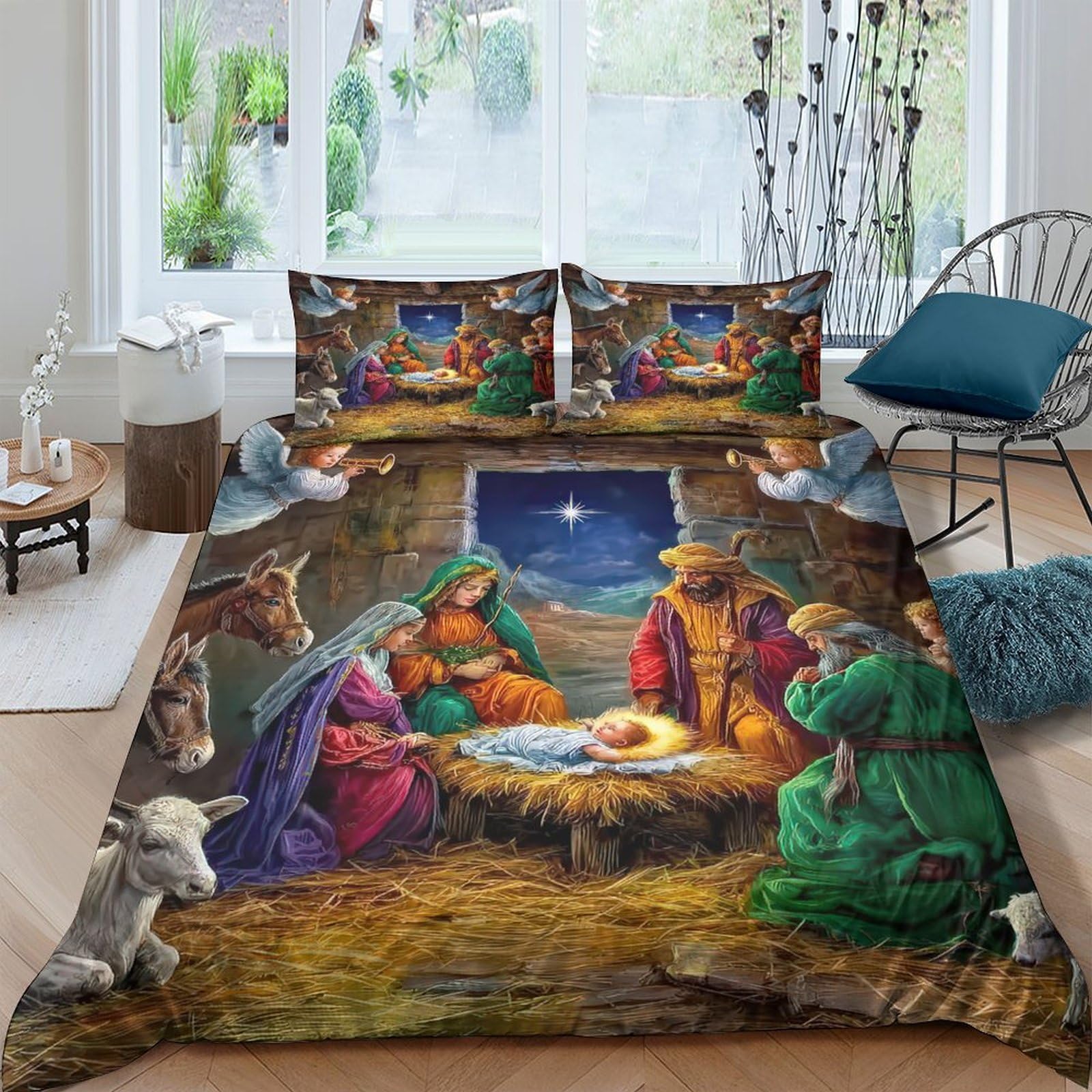 Ctjqhvkz Style-4 3D Printed Nativity Scene Fitted Sheet Microfiber Soft Breathable Holy Family Mattress Cover For Bedroom Dorm Mattress Protection Decor Single（135X200cm）