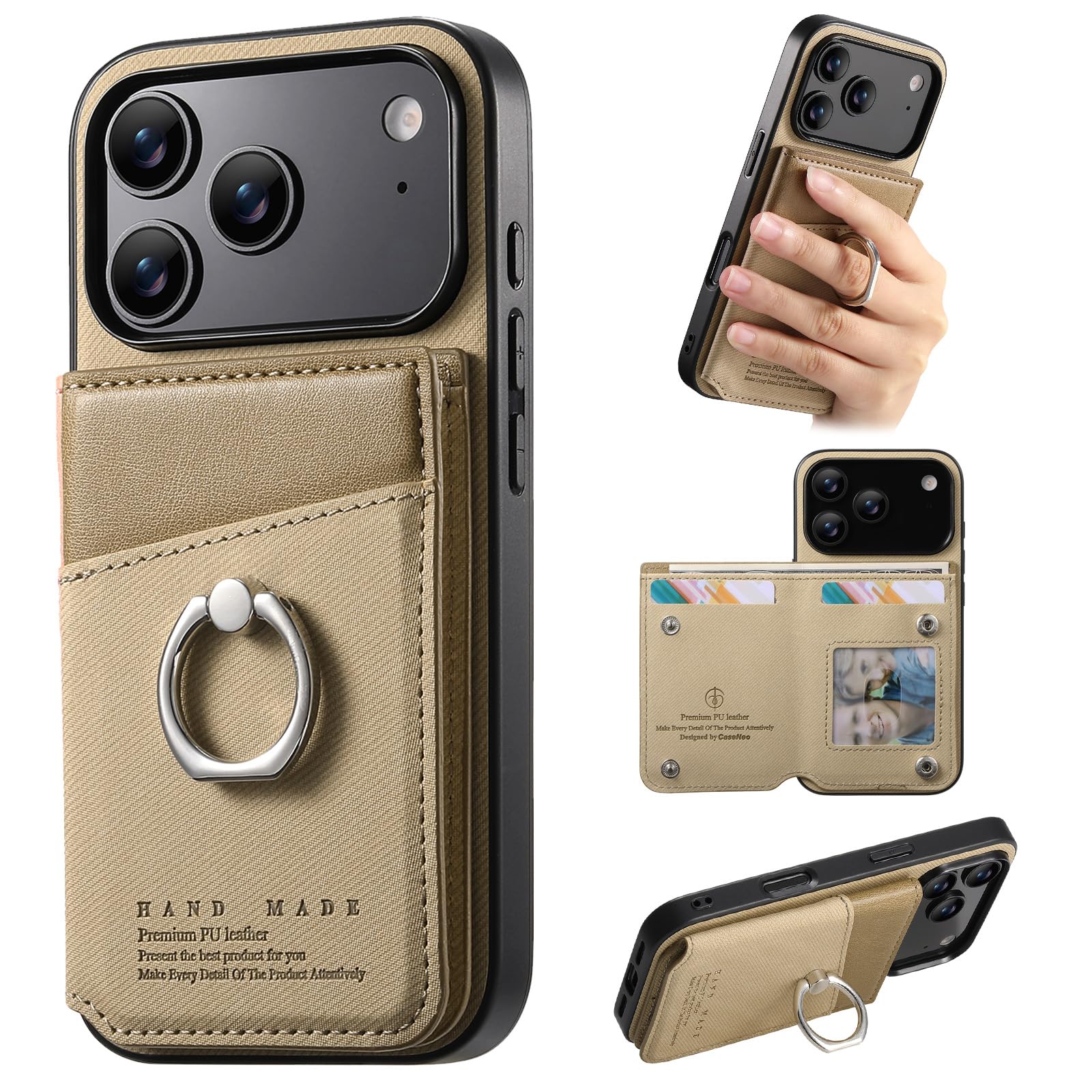 ONETHEFUL 対応 iPhone 17 Pro ケース 手帳型 背面 カード収納 あいふおん17プロケース スタンド機能 リング付き アイフォン17pro カバー 財布型 For iphone17pro カバー カメラ保護 PUレザー RFIDブロッキング 360°回転 TPU全面保護ベージュ