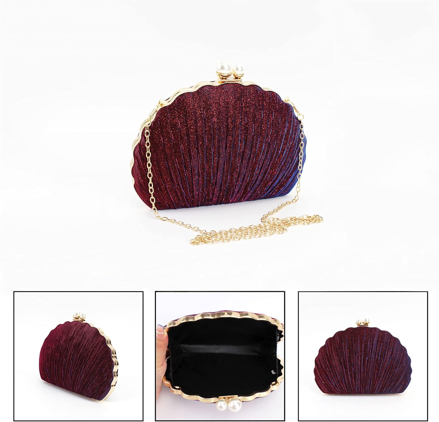 Felite Fnn Women Mini Seashell Evening Clutch Handbag, Pleated & Velvet, Chain Strap Cross-body Bag for Wedding Party