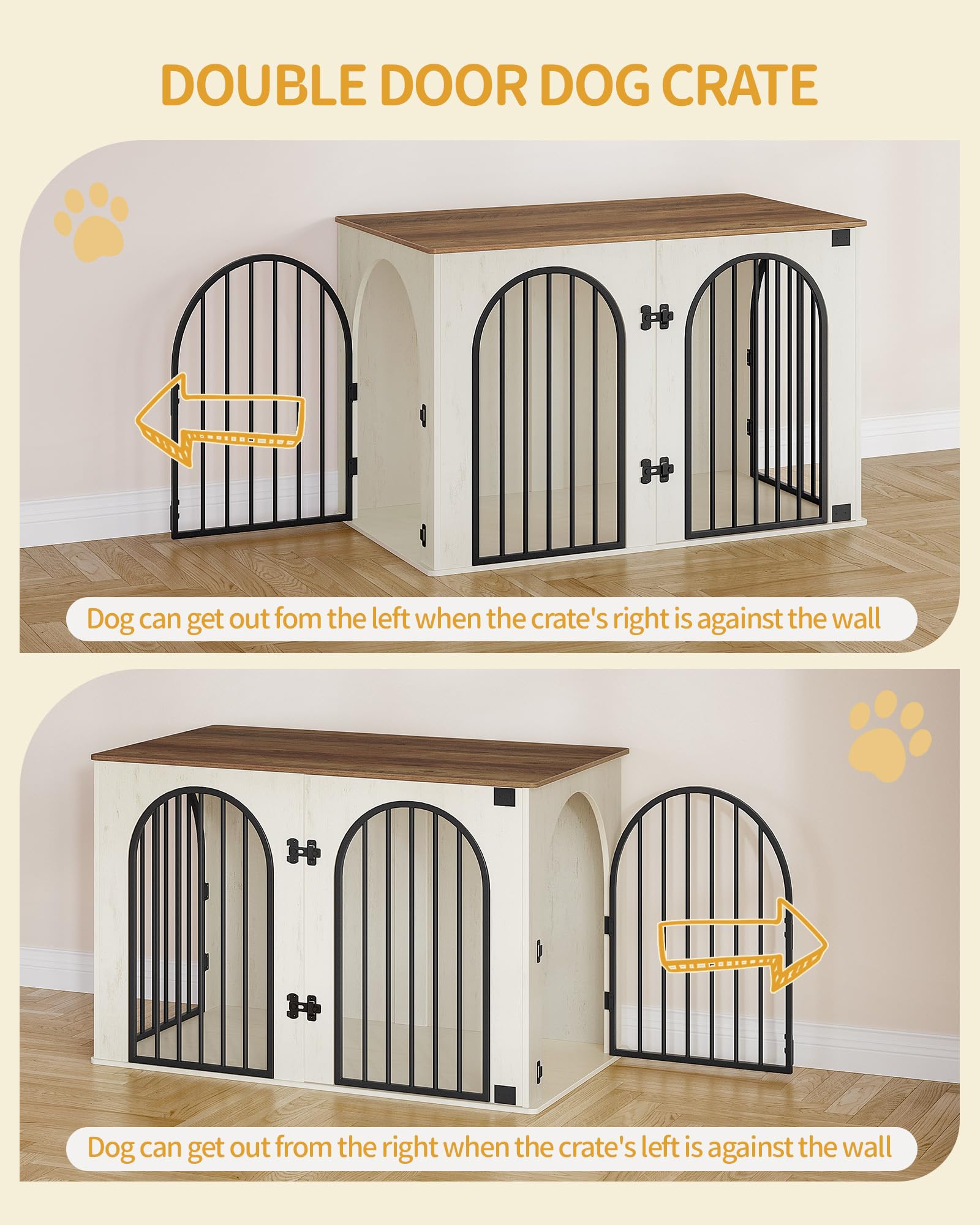 Hzuaneri Hundekäfig Möbel, 108 cm Hundebox für Zuhause, 3 Türen, Bogentür, Moderne Hundebox Indoor für Hunde, Beistelltisch, Hundekäfig Hochbelastbar, 108 x 64 x 76 cm, Weiß Braun DFC86014B