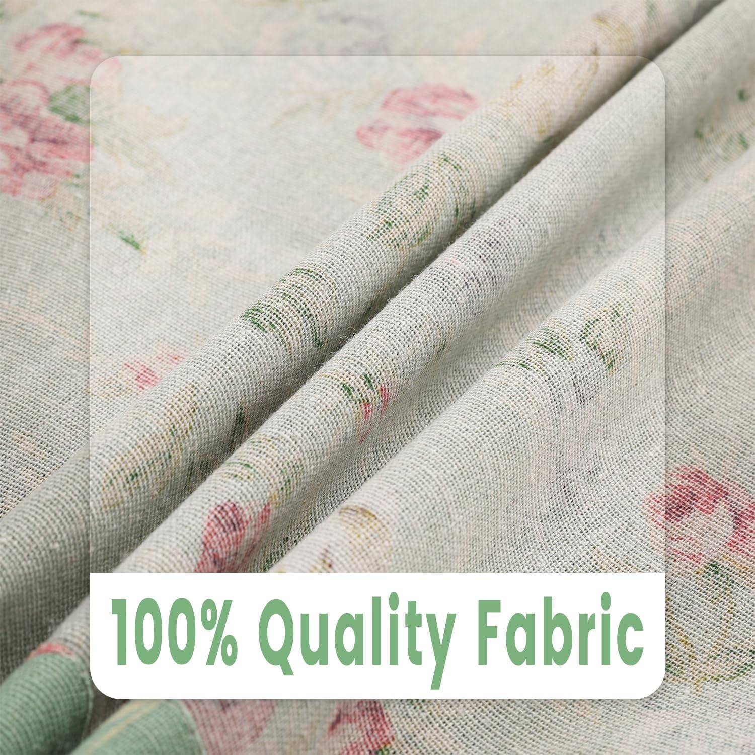 1 Pair Floral on Green Linen Curtains Rustic Country Style Light Filtering Rod Pocket Window Drapes Beige Tassels, 52" W x 96" L