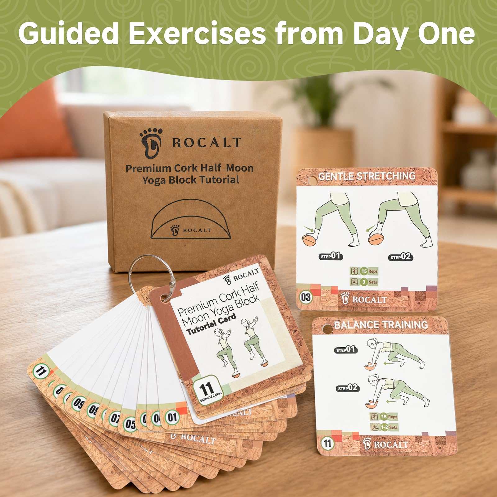 Rocalt Kork-Yoga-Blöcke, Halbmond-Dehnungswerkzeug für Fuß und Wade | Trainings-Guide-Karte, gebogene ergonomische Form, 24,1 x 8,9 x 10,2 cm, für Bögen, Knöchel, Pilates und Reisen