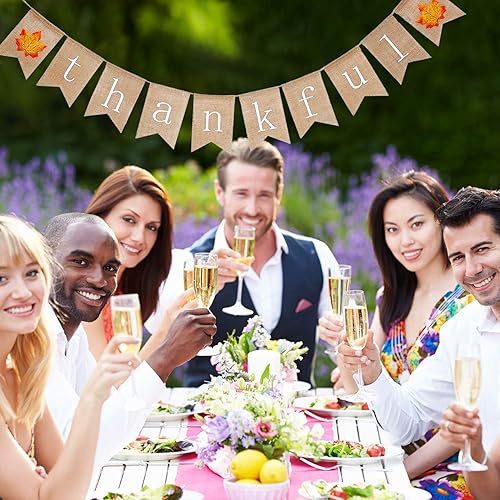 Miniatura 5 de Cartel de Acción de Gracias con texto en inglés "Give Thankful", cartel de arpillera de Acción de Gracias con hojas naranjas para decoración de