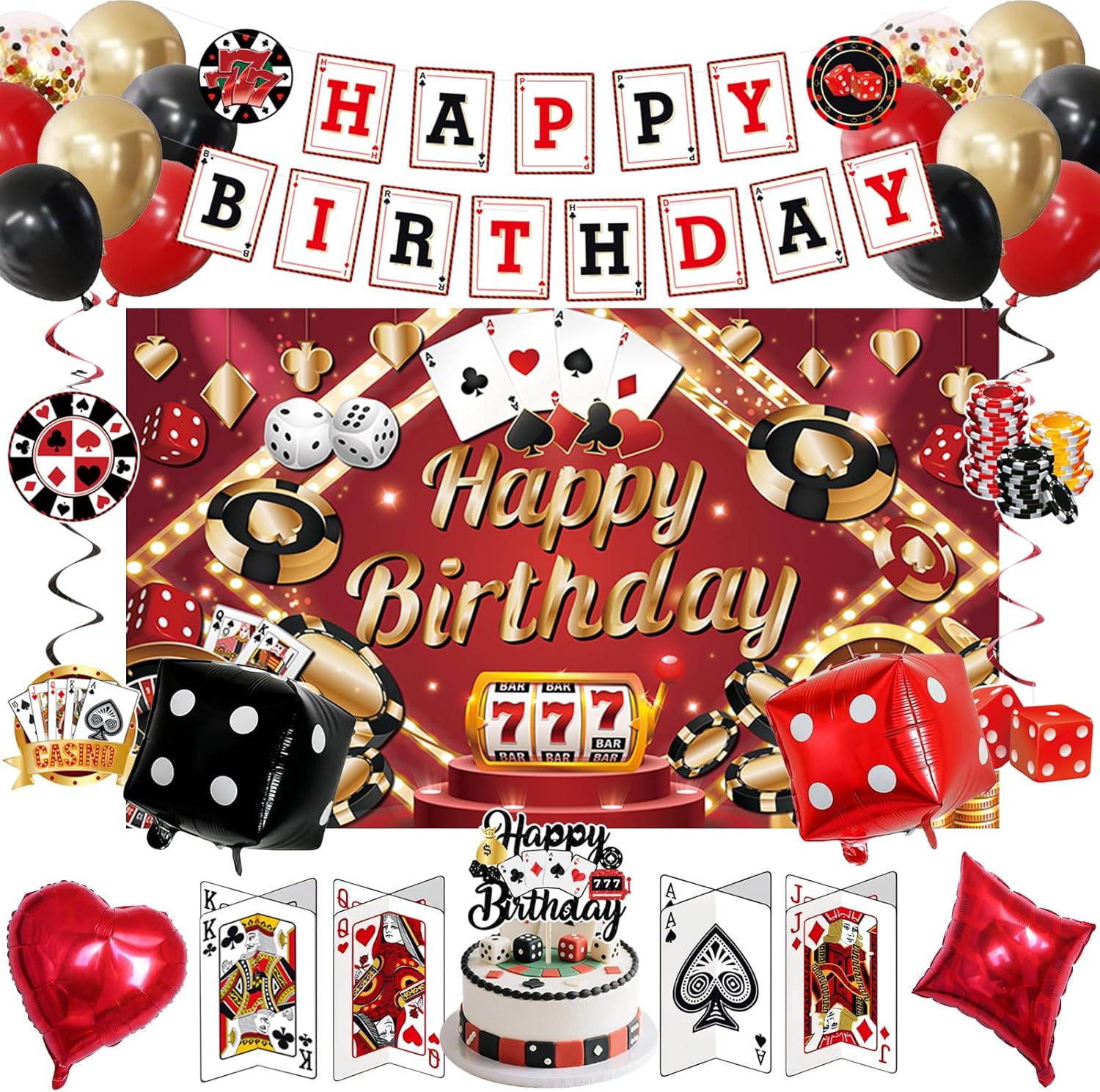Crenics Casino Birthday Party Decorations - Casino Birthday Backdrop, Banner, Hanging Swirls, 3D Table Card, Balloons and Cake Topper for Poker Theme Party Supplies