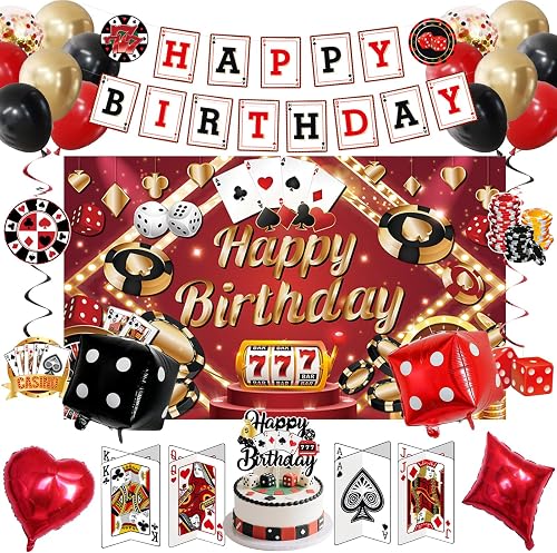 Crenics Casino Birthday Party Decorations - Casino Birthday Backdrop, Banner, Hanging Swirls, 3D Table Card, Balloons and Cake Topper for Poker Theme Party Supplies